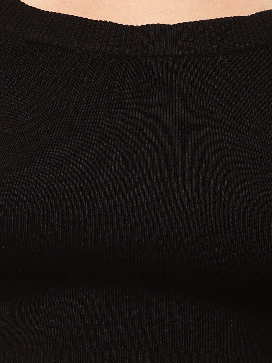 Viscose Full Sleeve with Boat Neck Ribbed Black Crop Top
