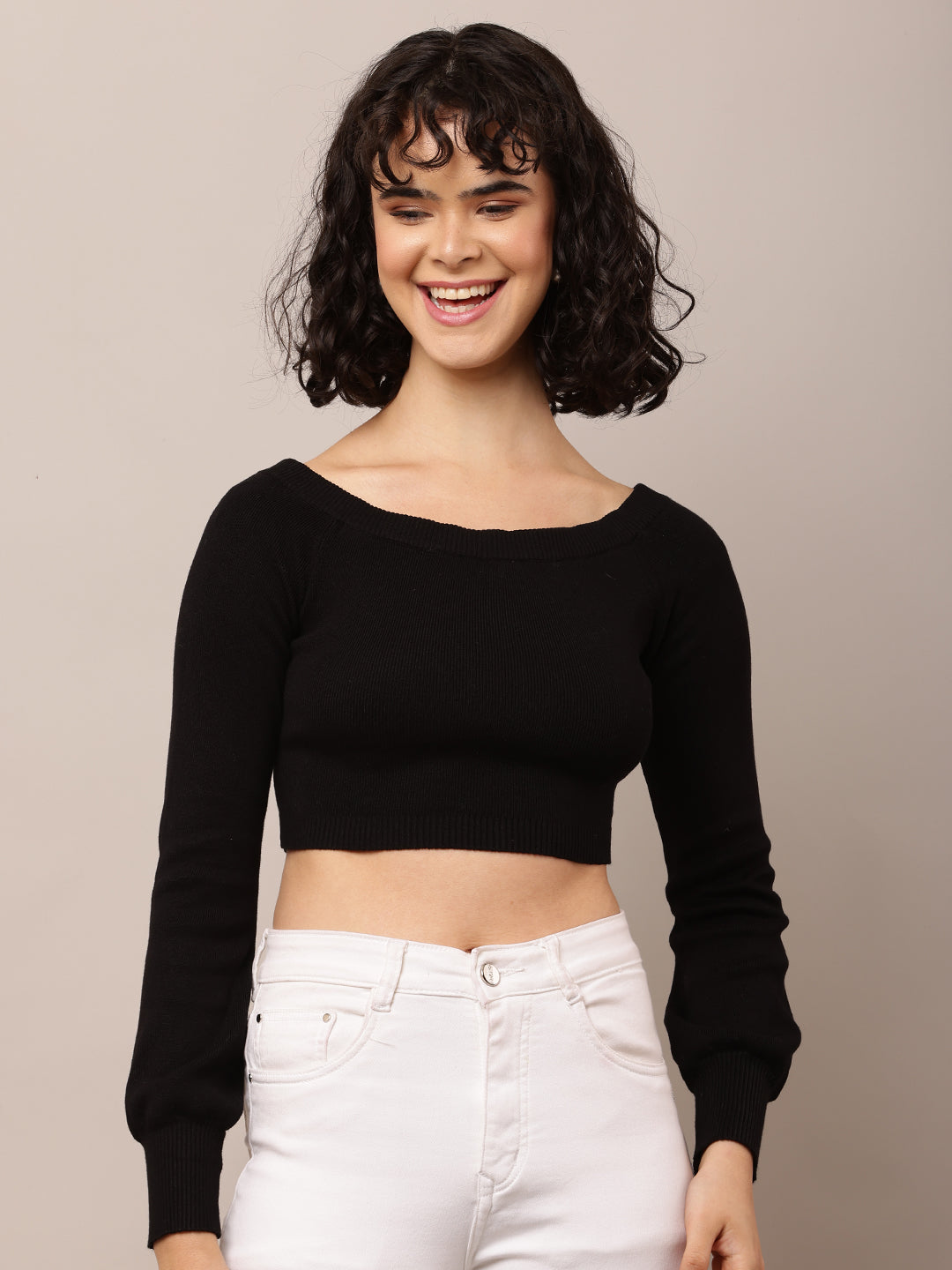Viscose Full Sleeve with Boat Neck Ribbed Black Crop Top