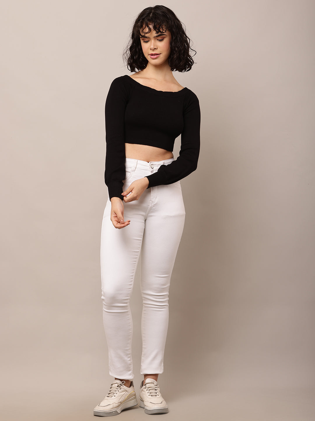 Viscose Full Sleeve with Boat Neck Ribbed Black Crop Top
