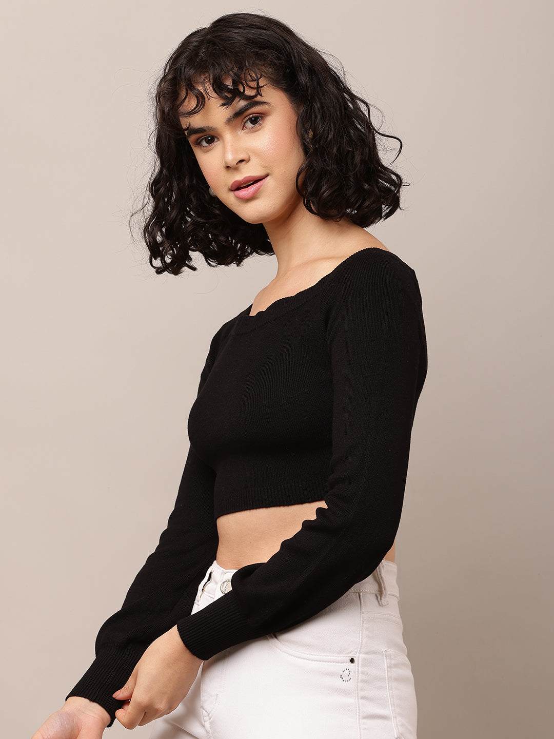Viscose Full Sleeve with Boat Neck Ribbed Black Crop Top