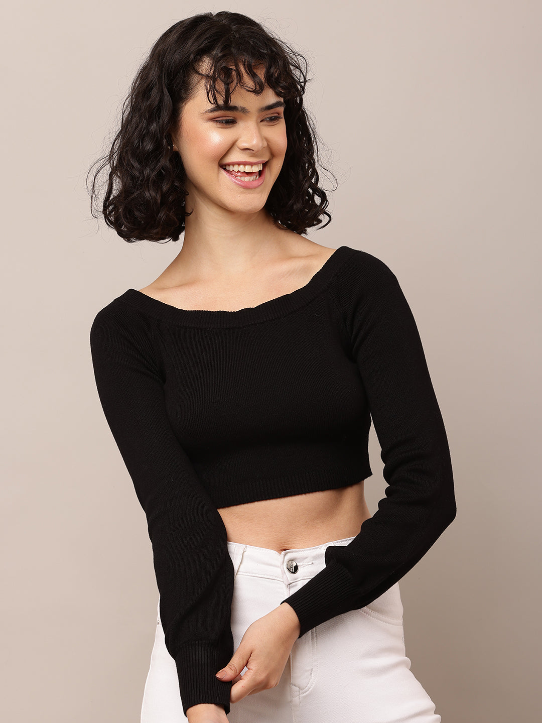 Viscose Full Sleeve with Boat Neck Ribbed Black Crop Top