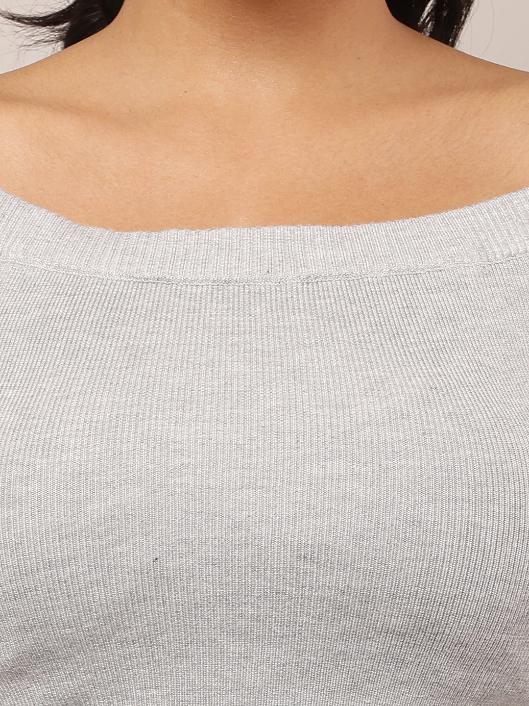 Viscose Full Sleeve with Boat Neck Ribbed Grey Crop Top