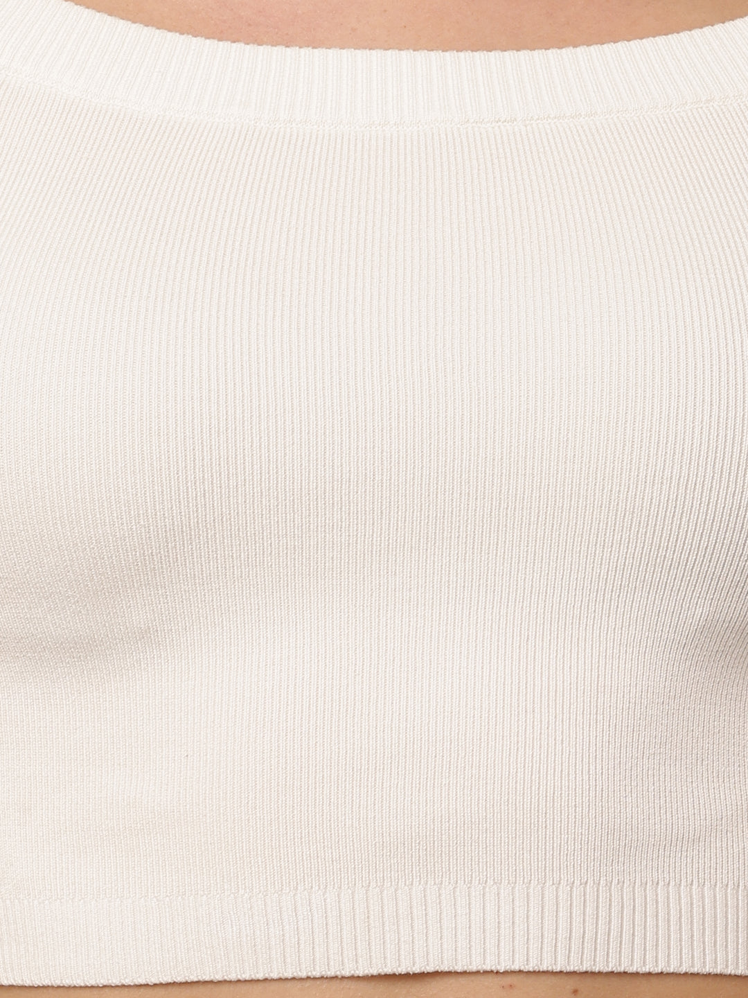 Viscose Full Sleeve with Boat Neck Ribbed White Crop Top