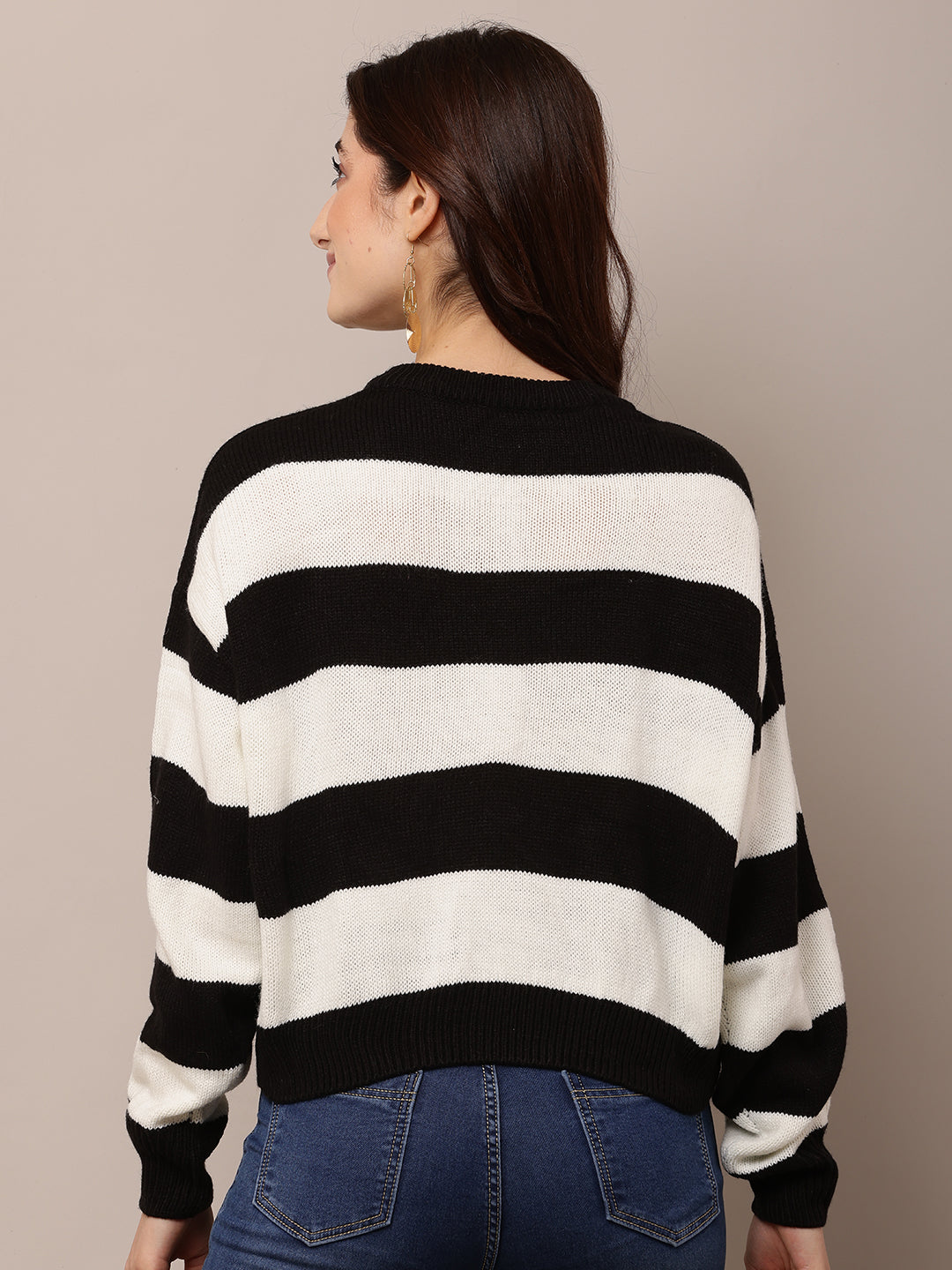 Acrylic Full Sleeve with Round Neck Black and white Striped Sweater