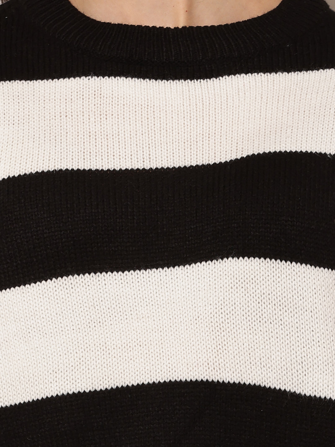 Acrylic Full Sleeve with Round Neck Black and white Striped Sweater