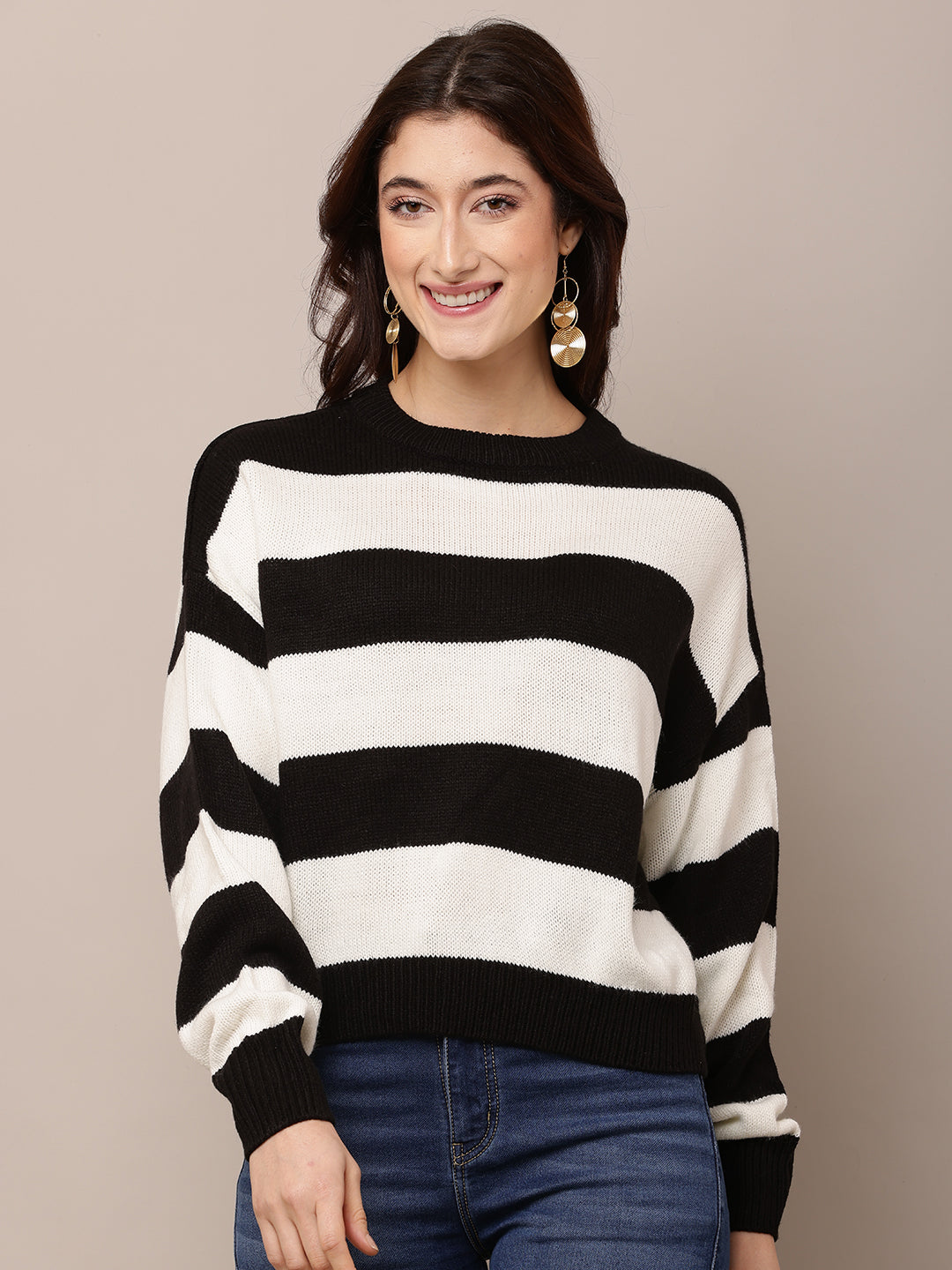 Acrylic Full Sleeve with Round Neck Black and white Striped Sweater