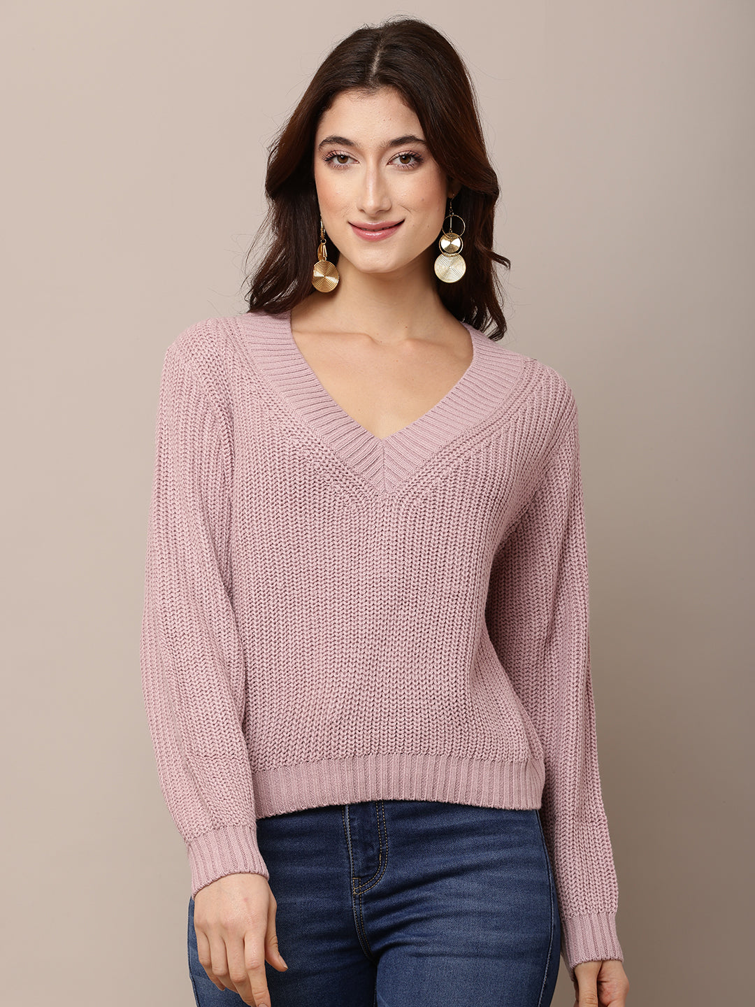 Acrylic Full Sleeve with V-Neck Purple knitted Sweater