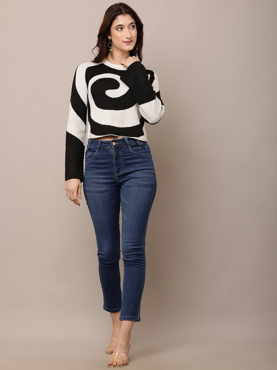 Polyester Full Sleeve with Round Neck Black and Grey Spiral Sweater