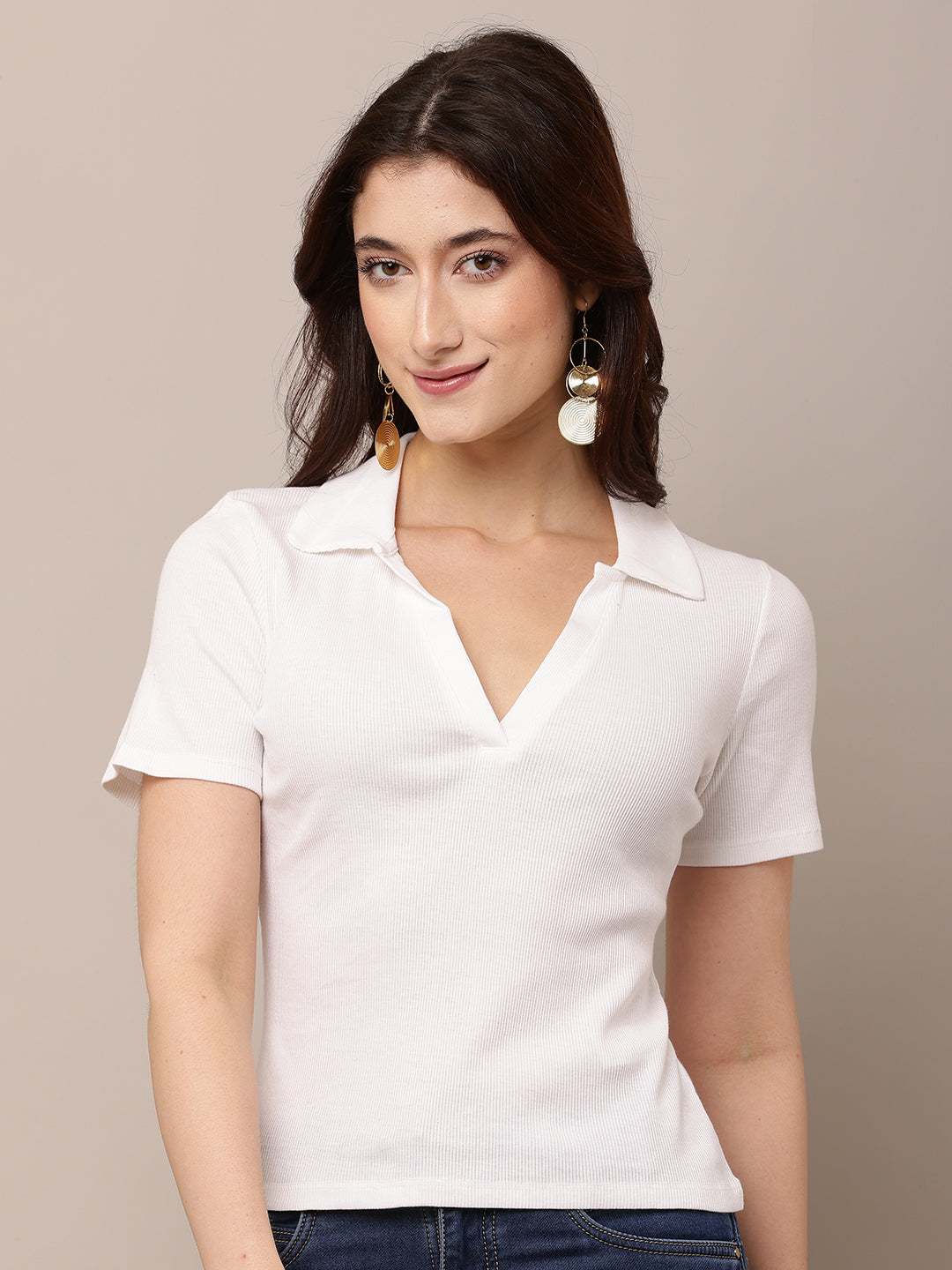 Cotton Short Sleeve with Polo Neck White T-shirt