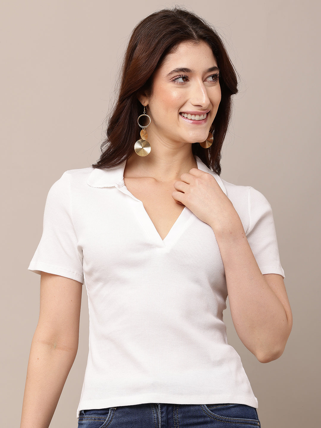 Cotton Short Sleeve with Polo Neck White T-shirt