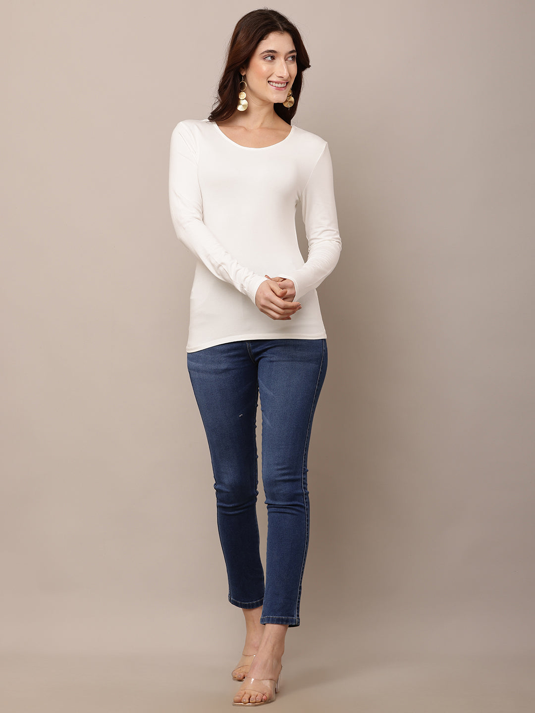Viscose Full Sleeve with Round Neck White T-shirt