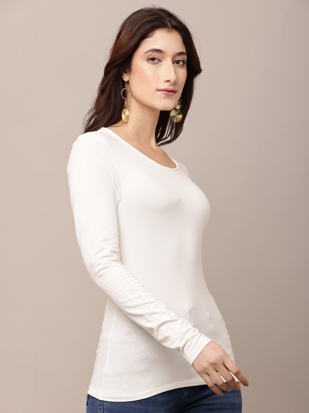 Viscose Full Sleeve with Round Neck White T-shirt