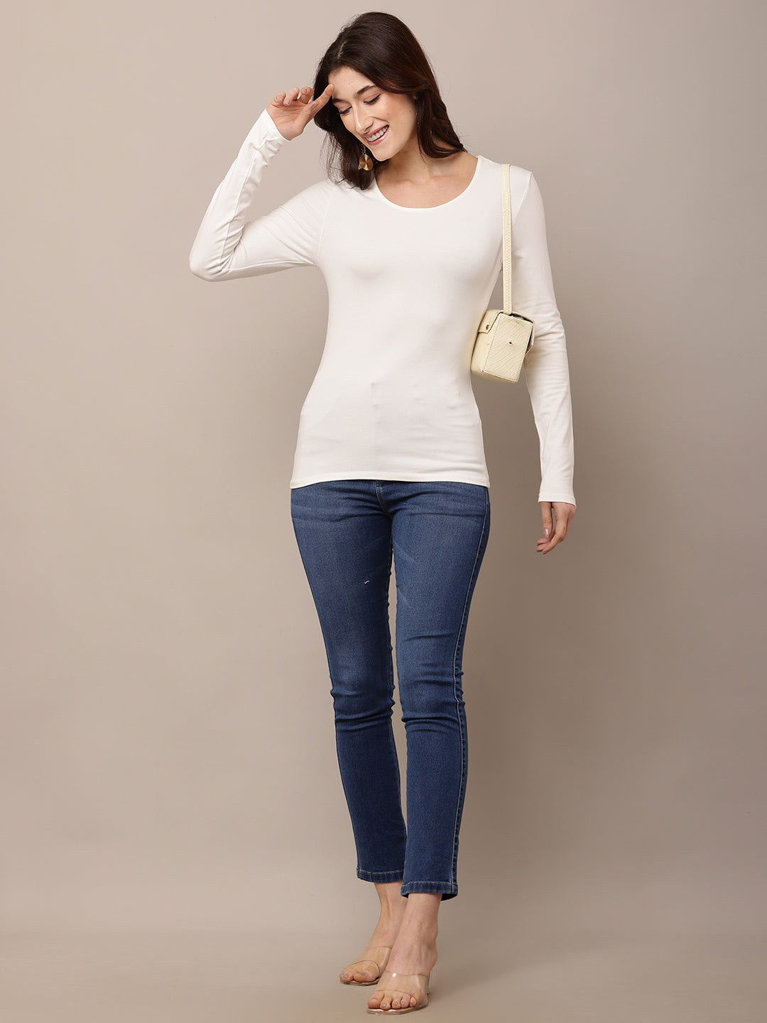Viscose Full Sleeve with Round Neck White T-shirt