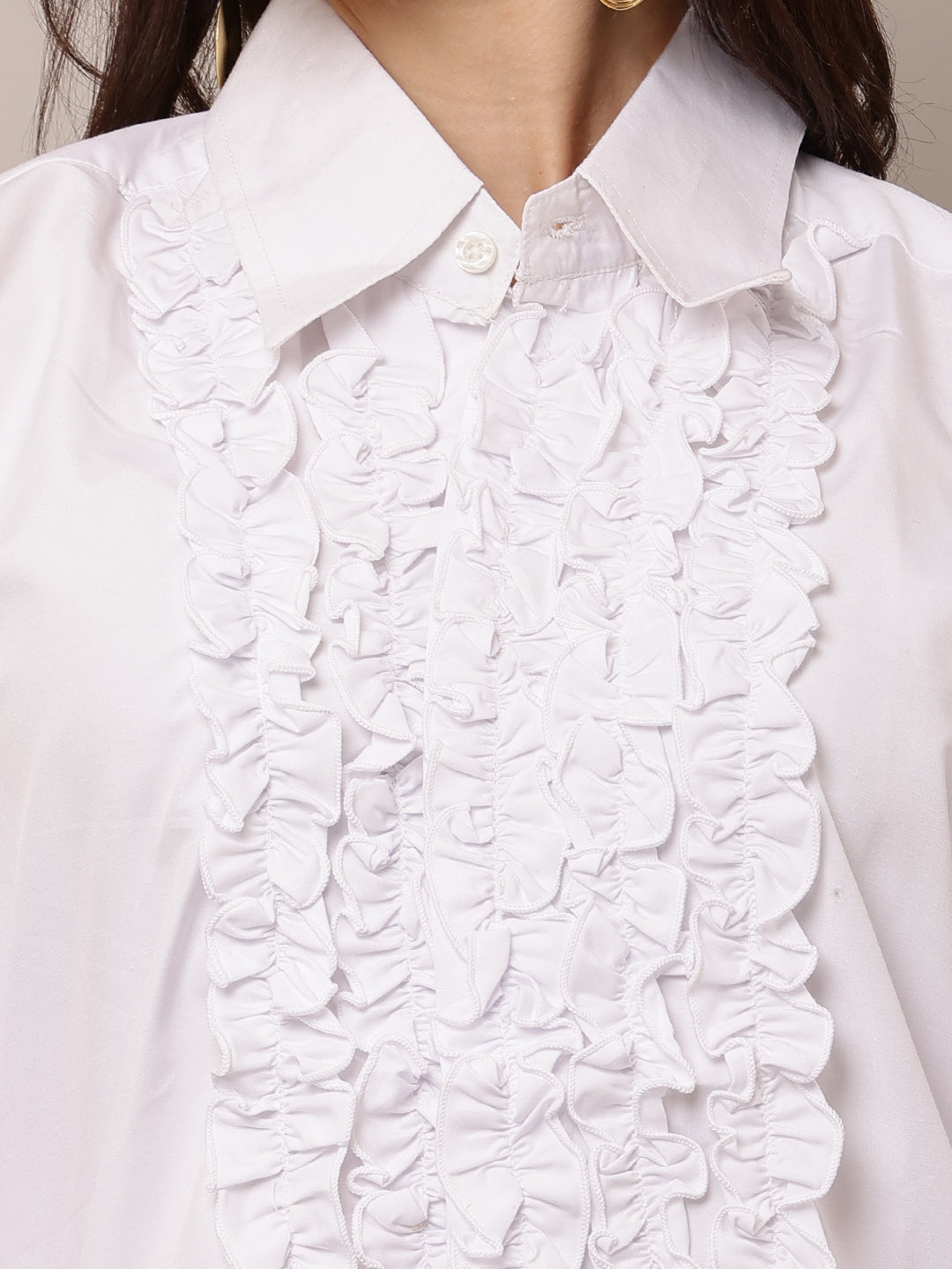 Cotton Full Sleeve with shirt Collar Ruffle White Shirt