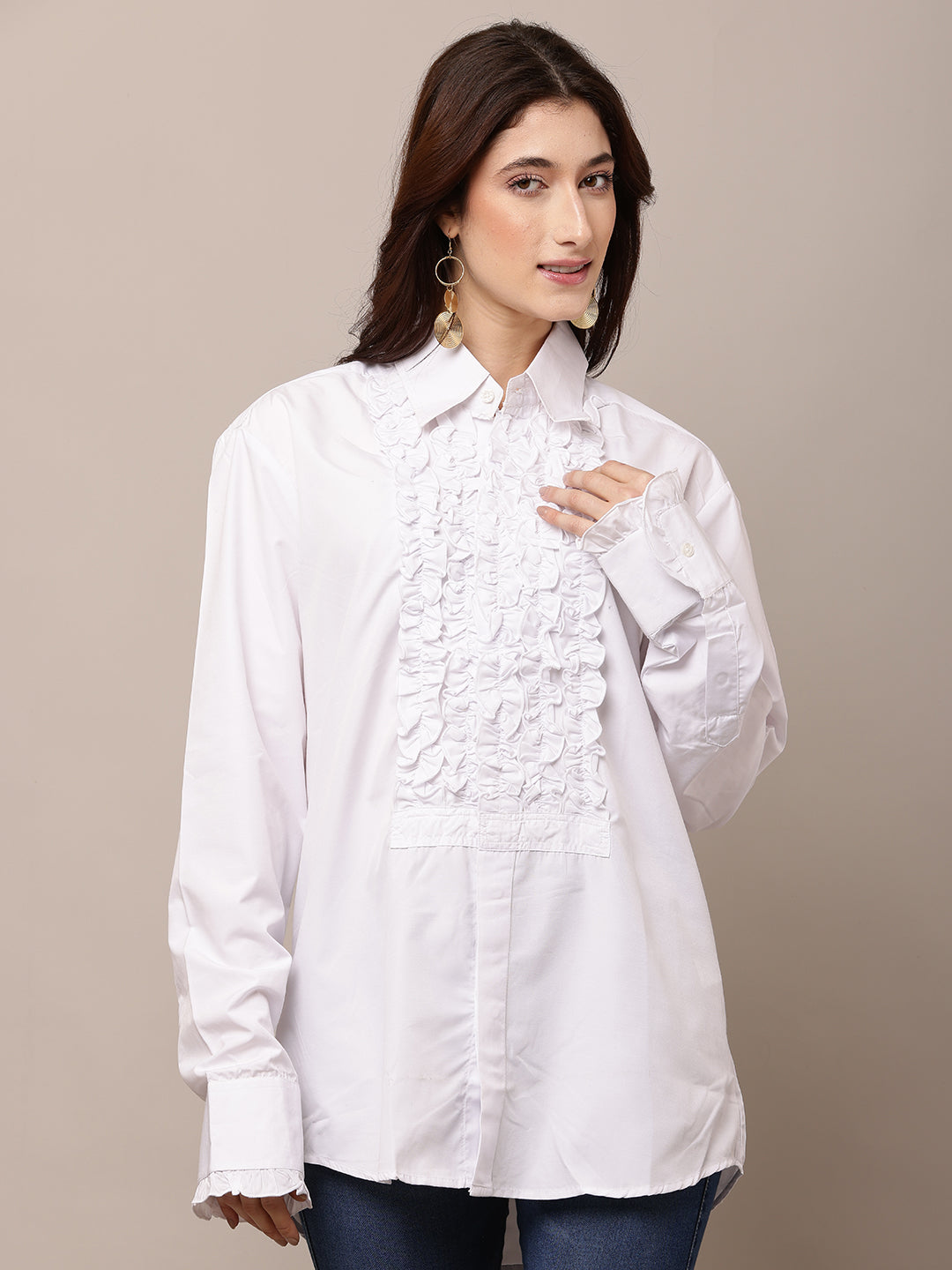 Cotton Full Sleeve with shirt Collar Ruffle White Shirt