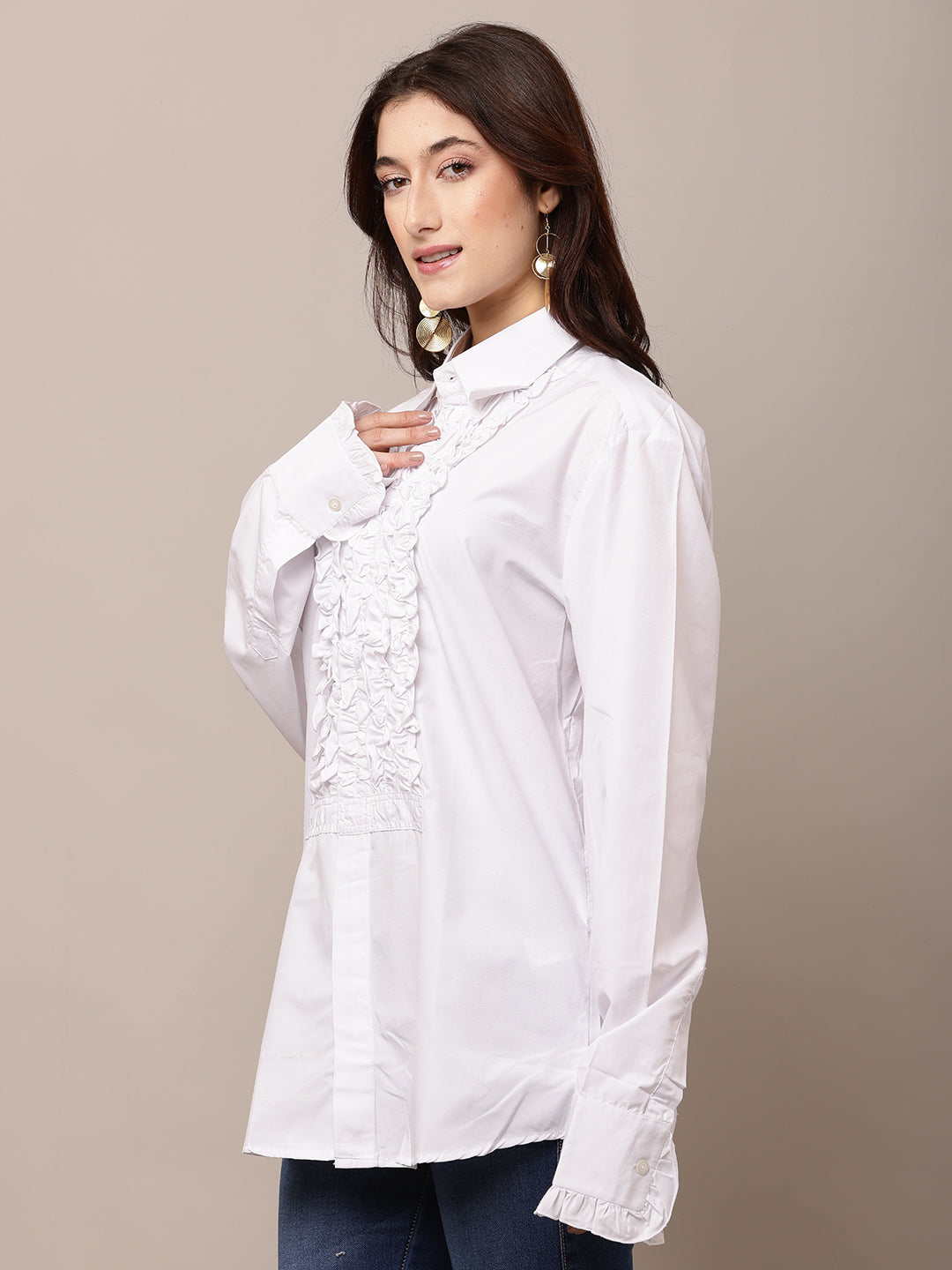 Cotton Full Sleeve with shirt Collar Ruffle White Shirt