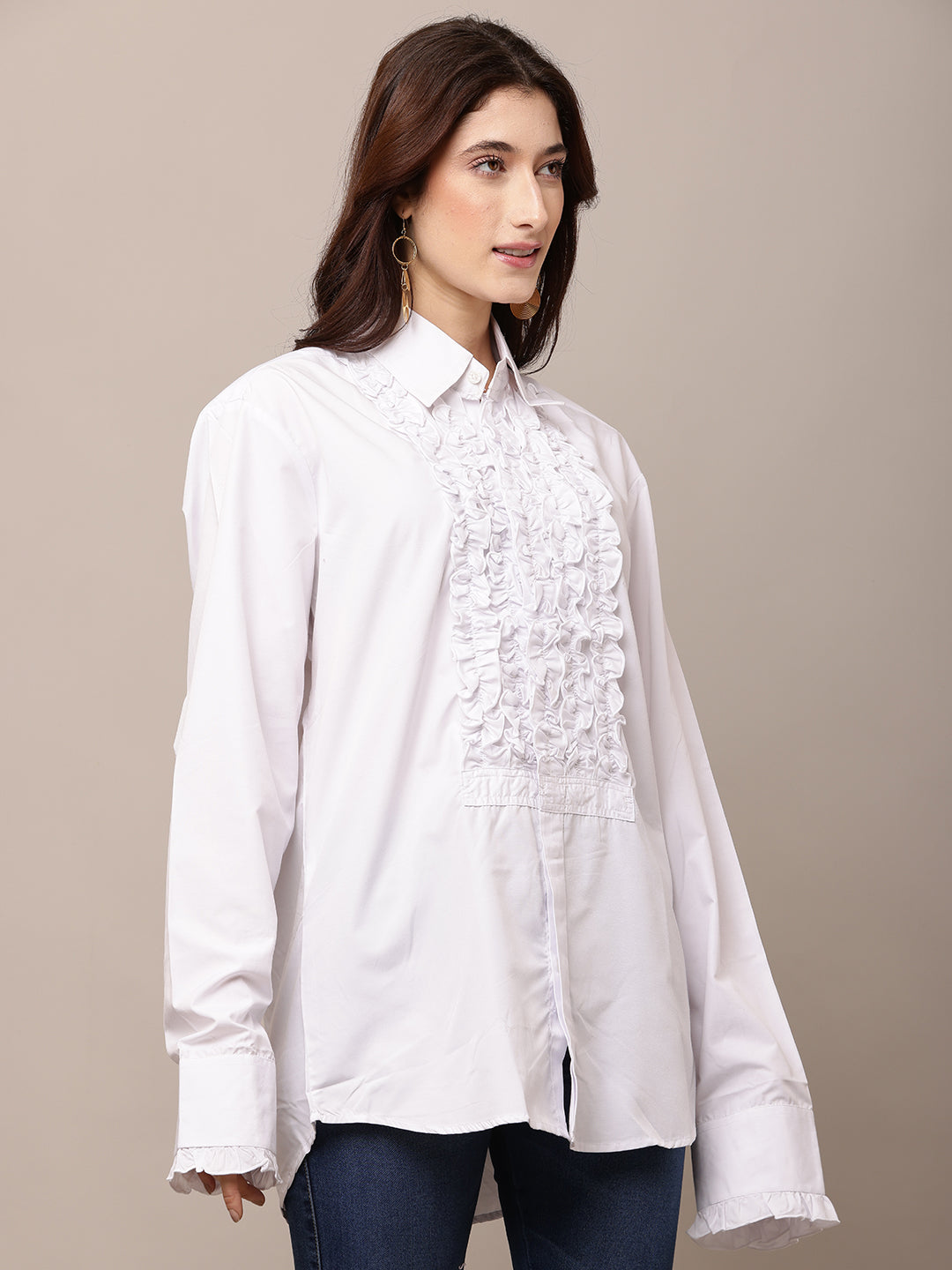 Cotton Full Sleeve with shirt Collar Ruffle White Shirt