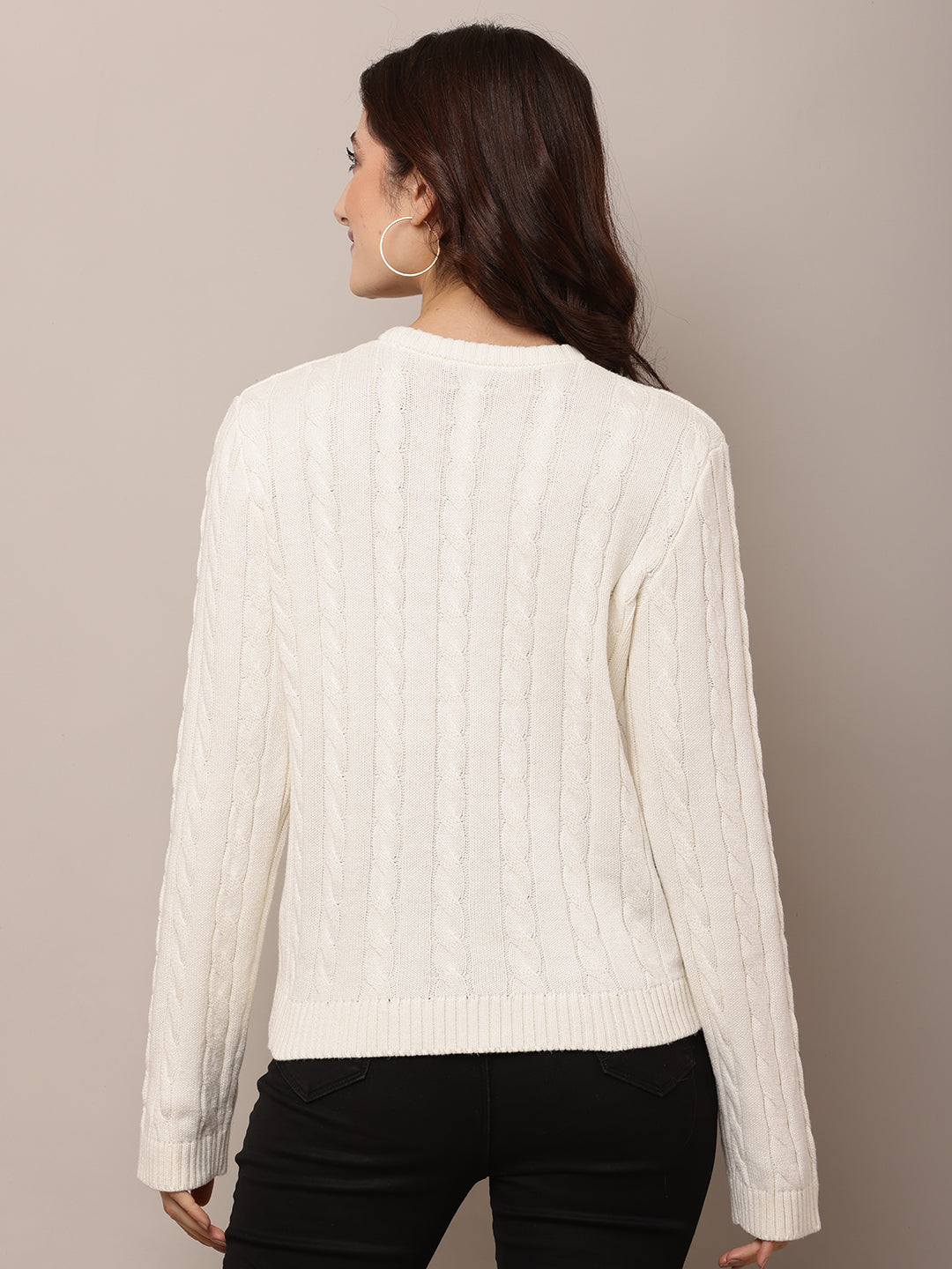Cotton Full Sleeve with Round Neck White Sweater