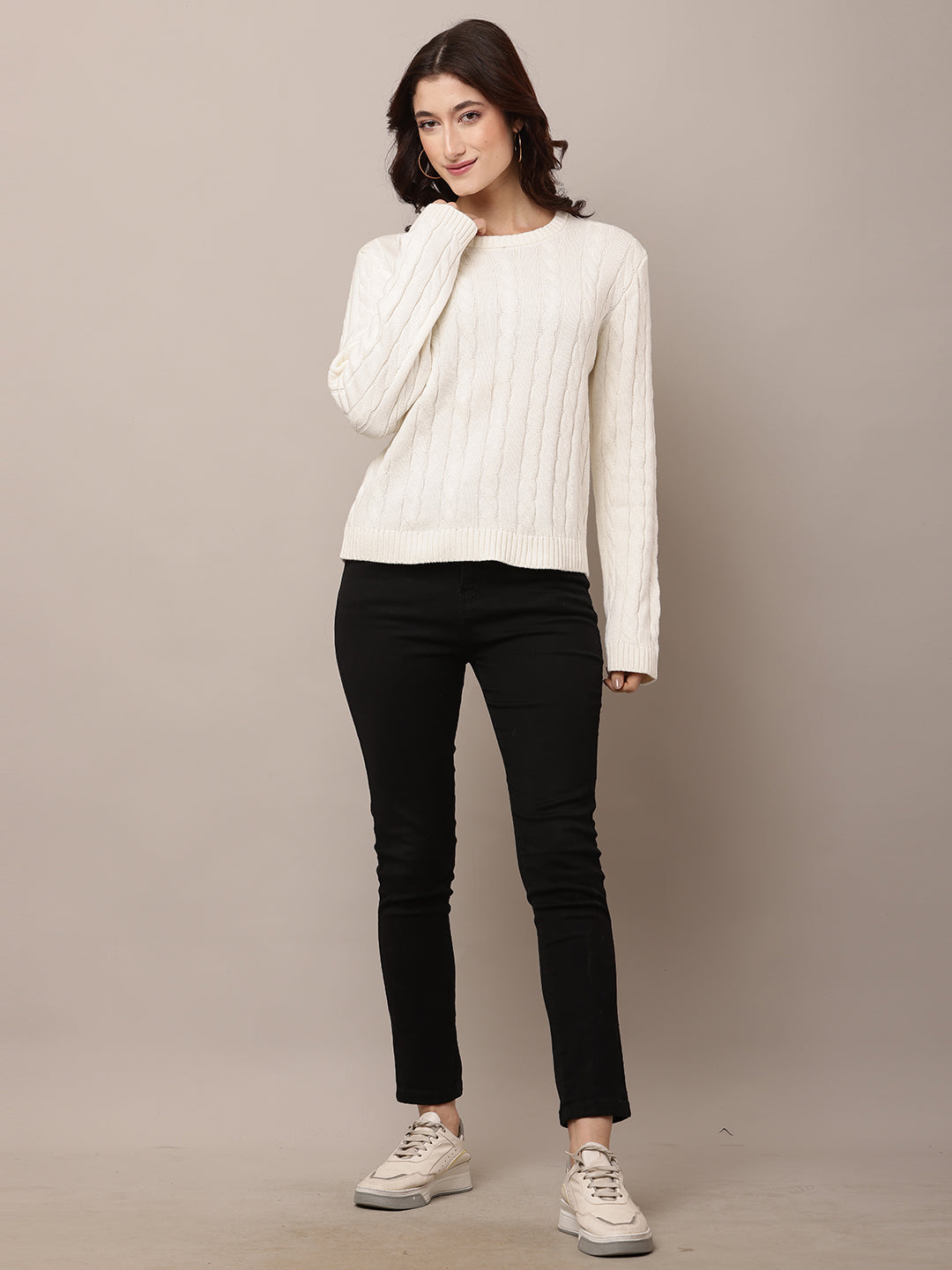 Cotton Full Sleeve with Round Neck White Sweater