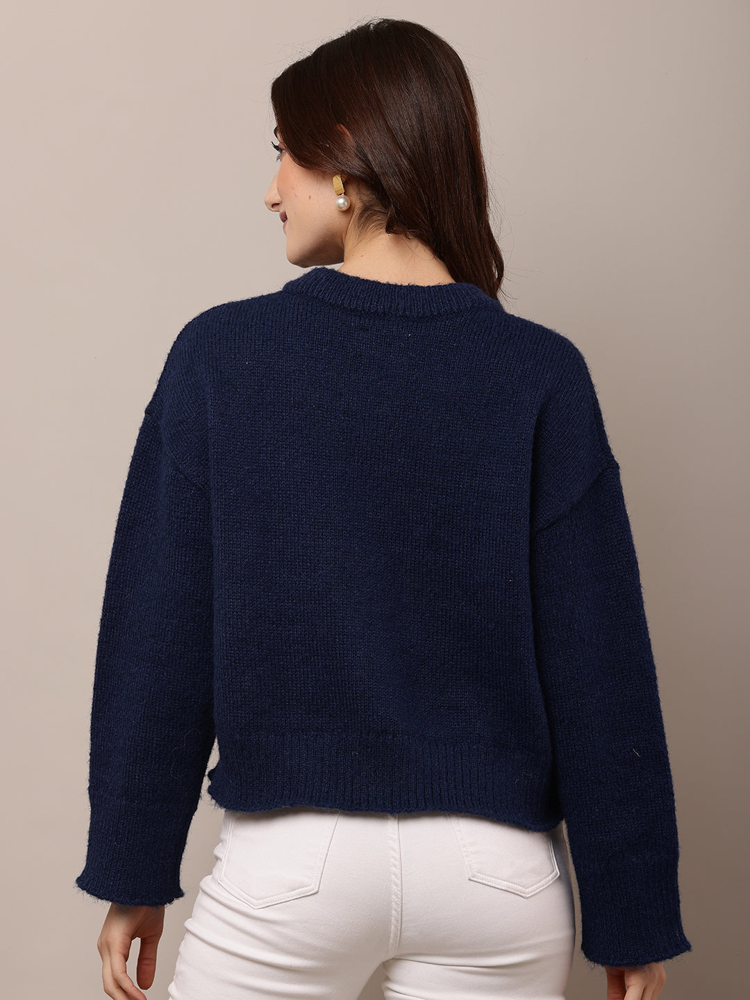 Polyester Full Sleeve with Round Neck Blue Cardigan