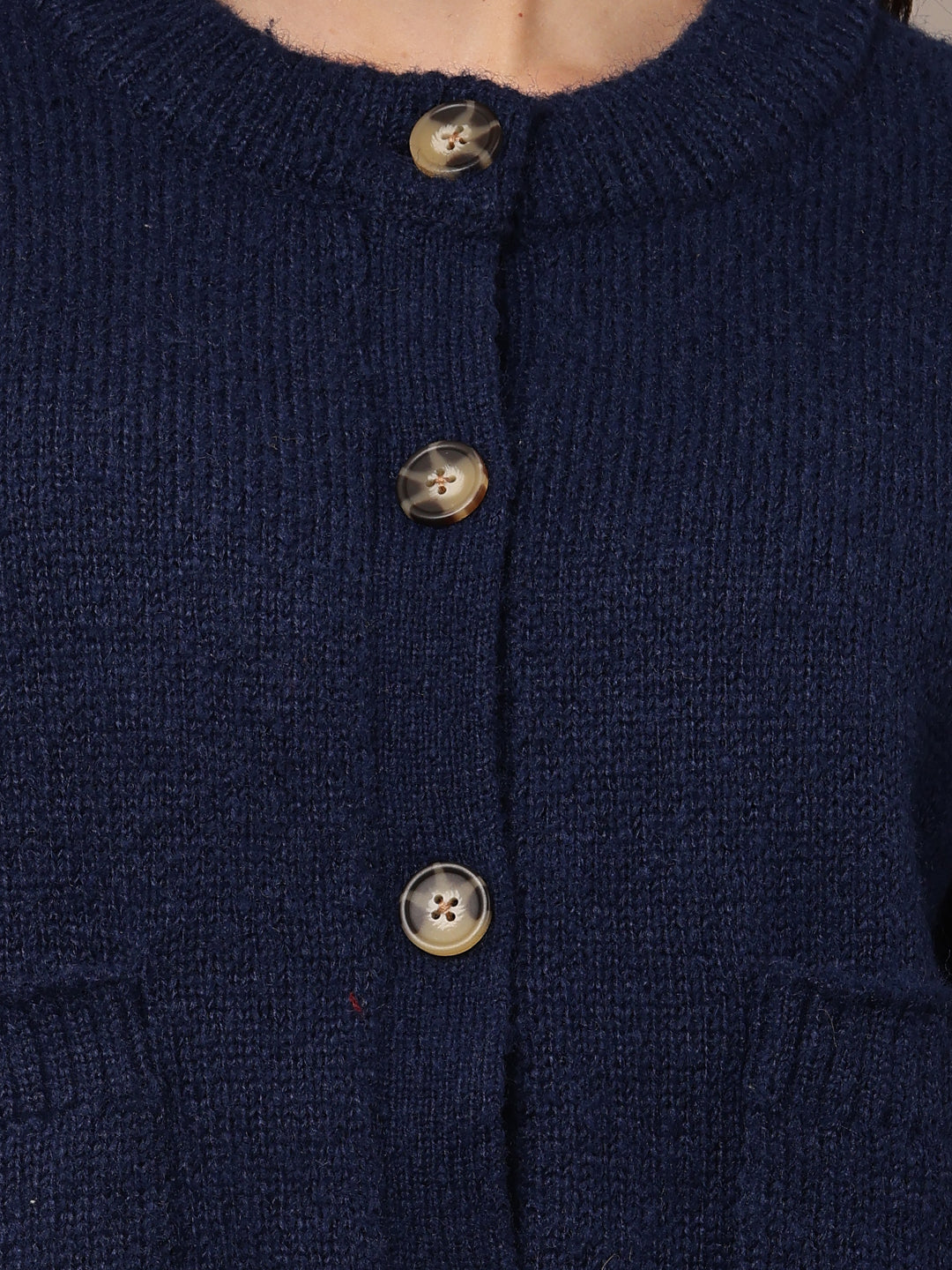 Polyester Full Sleeve with Round Neck Blue Cardigan