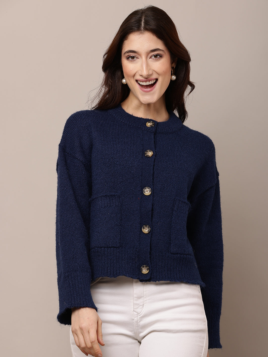 Polyester Full Sleeve with Round Neck Blue Cardigan