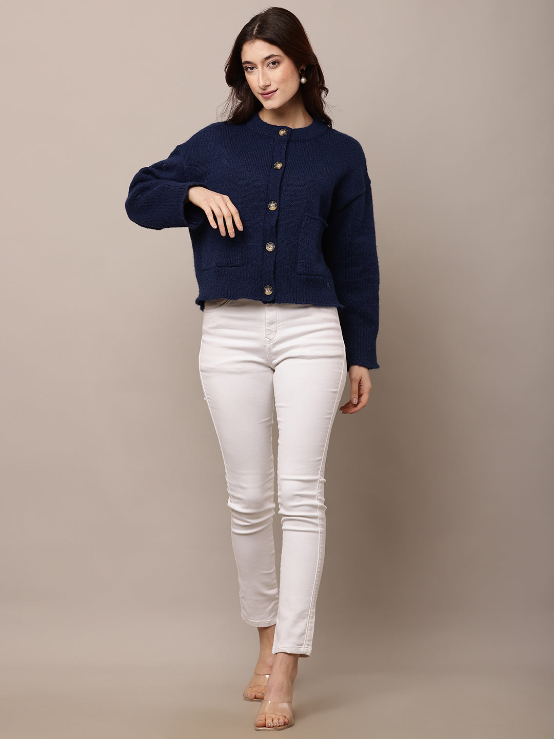 Polyester Full Sleeve with Round Neck Blue Cardigan