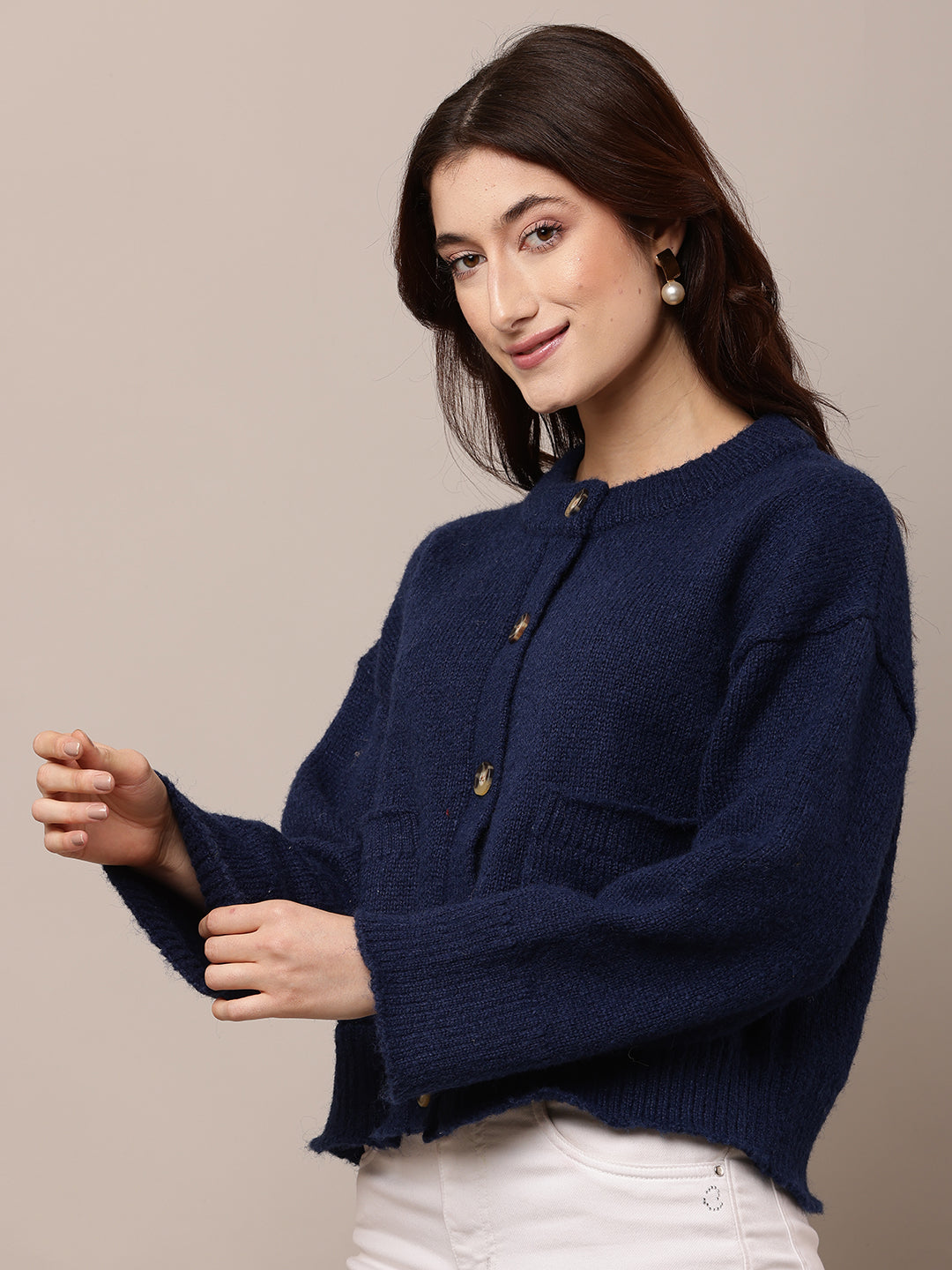Polyester Full Sleeve with Round Neck Blue Cardigan