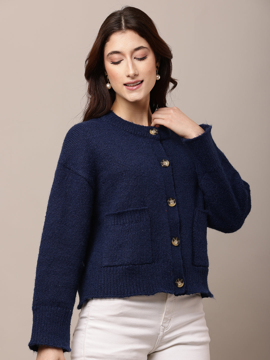 Polyester Full Sleeve with Round Neck Blue Cardigan