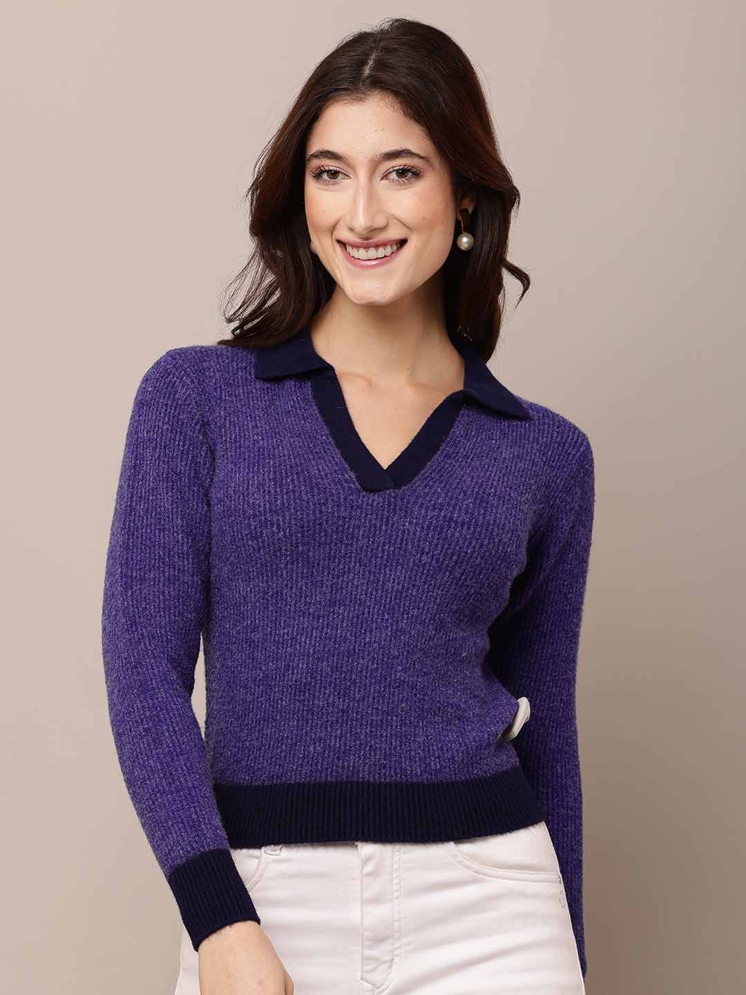 Nylon Full Sleeve with V-Neck Purple Sweater