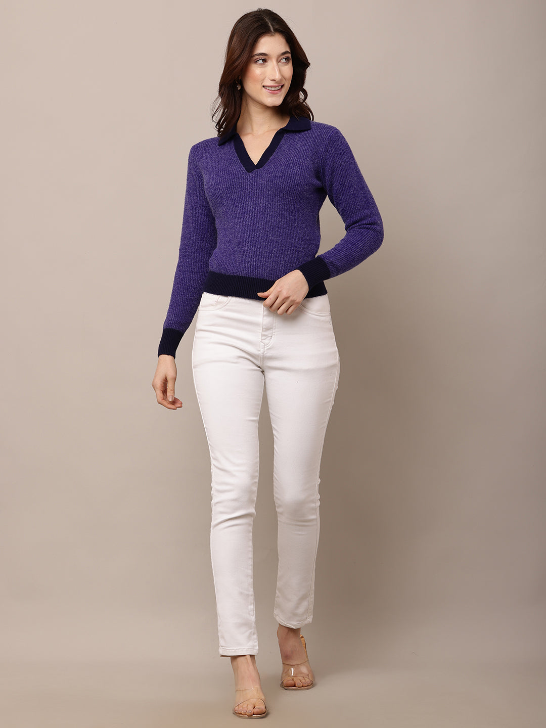 Nylon Full Sleeve with V-Neck Purple Sweater