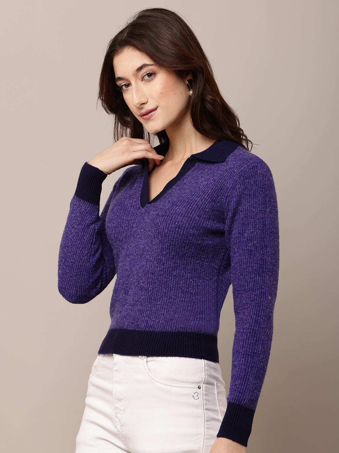 Nylon Full Sleeve with V-Neck Purple Sweater