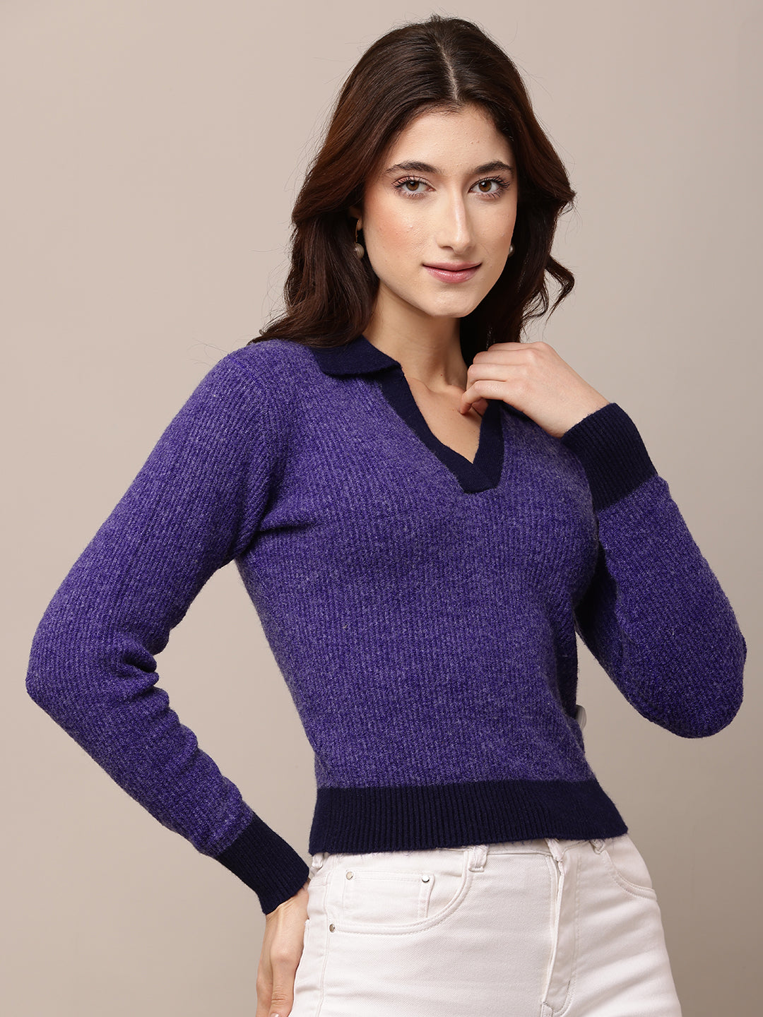 Nylon Full Sleeve with V-Neck Purple Sweater