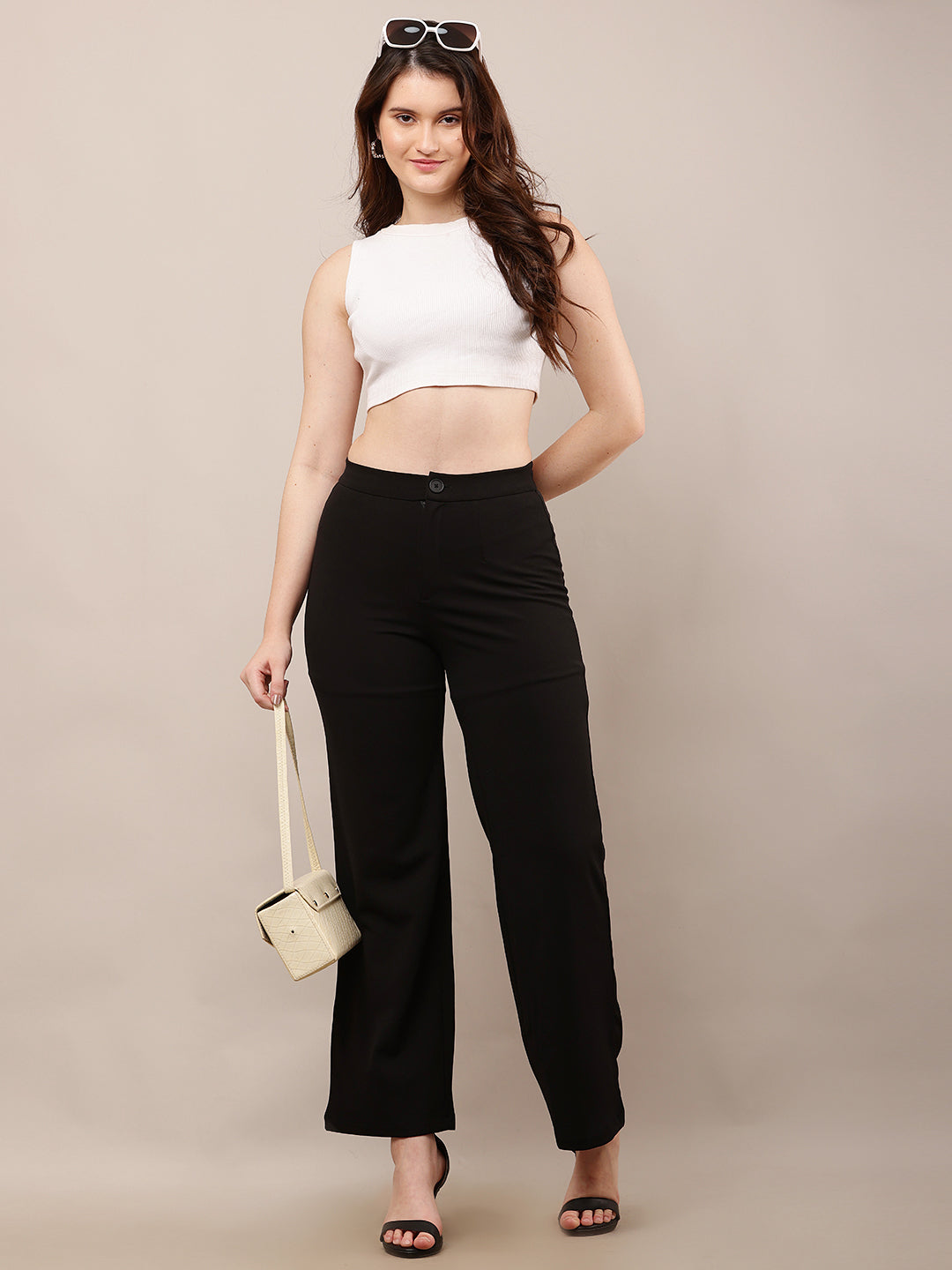 NoBarr Women’s Polyester Front Elastic Button Closure and Black Wide leg Trouser