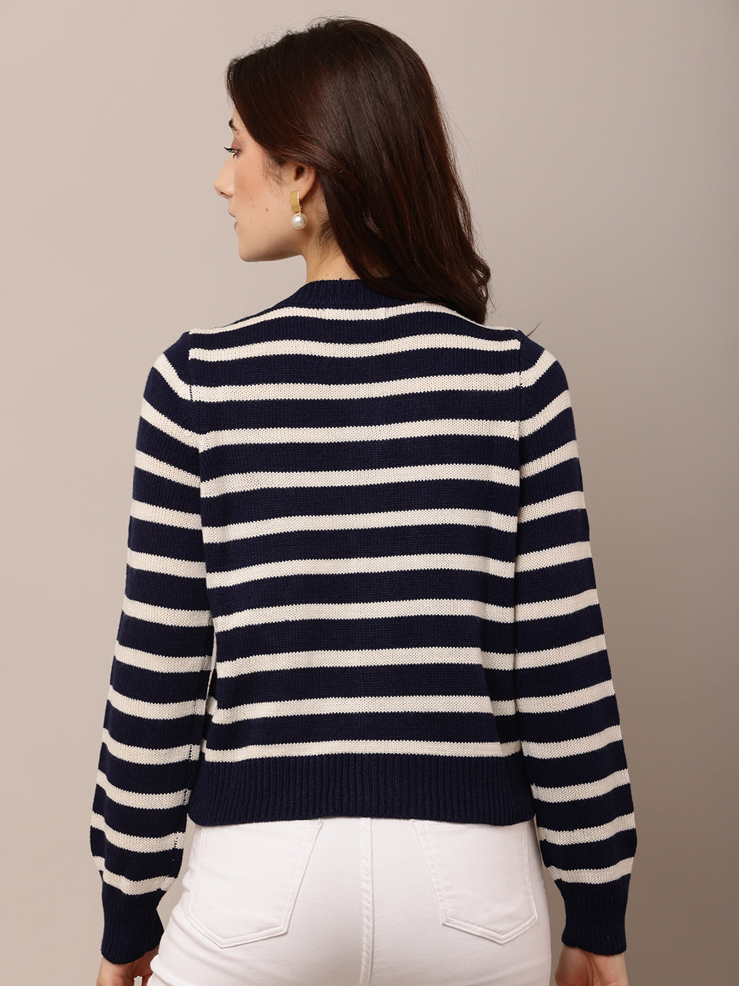 Acrylic Full Sleeve with Round Neck Dark Blue Striped Cardigan