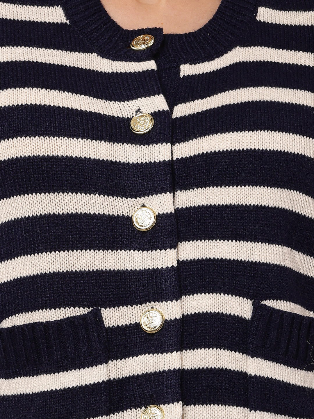 Acrylic Full Sleeve with Round Neck Dark Blue Striped Cardigan