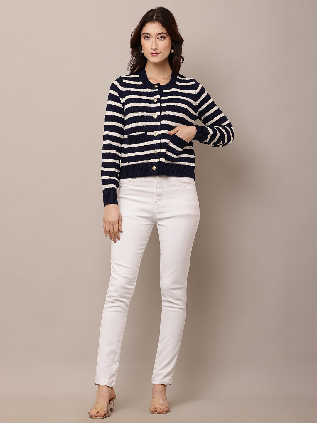 Acrylic Full Sleeve with Round Neck Dark Blue Striped Cardigan