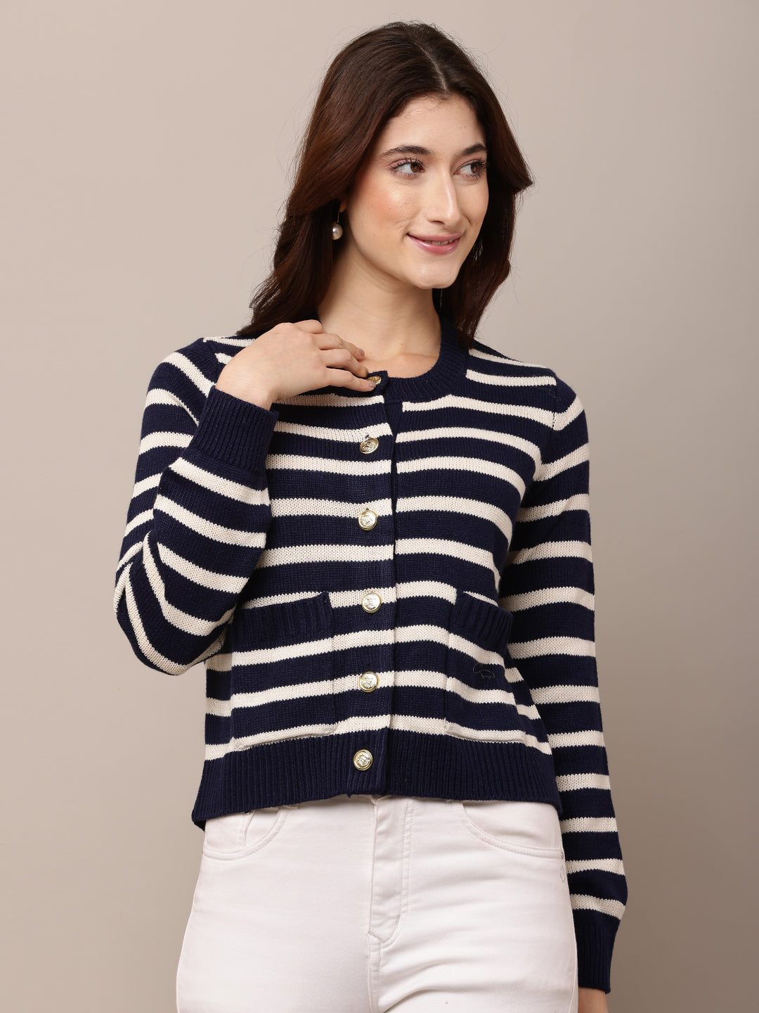 Acrylic Full Sleeve with Round Neck Dark Blue Striped Cardigan