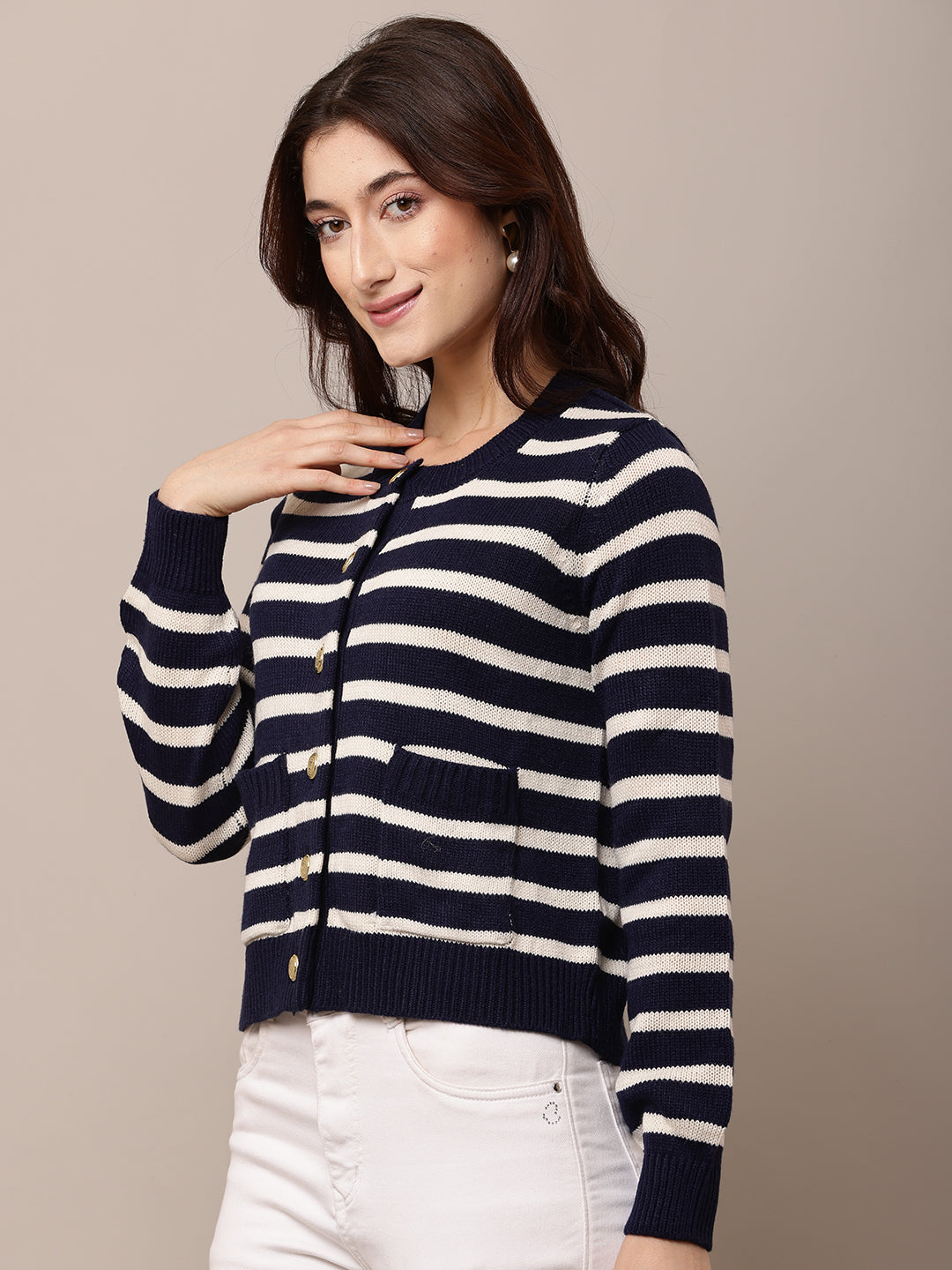 Acrylic Full Sleeve with Round Neck Dark Blue Striped Cardigan
