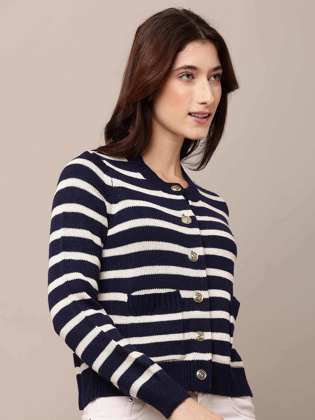 Acrylic Full Sleeve with Round Neck Dark Blue Striped Cardigan