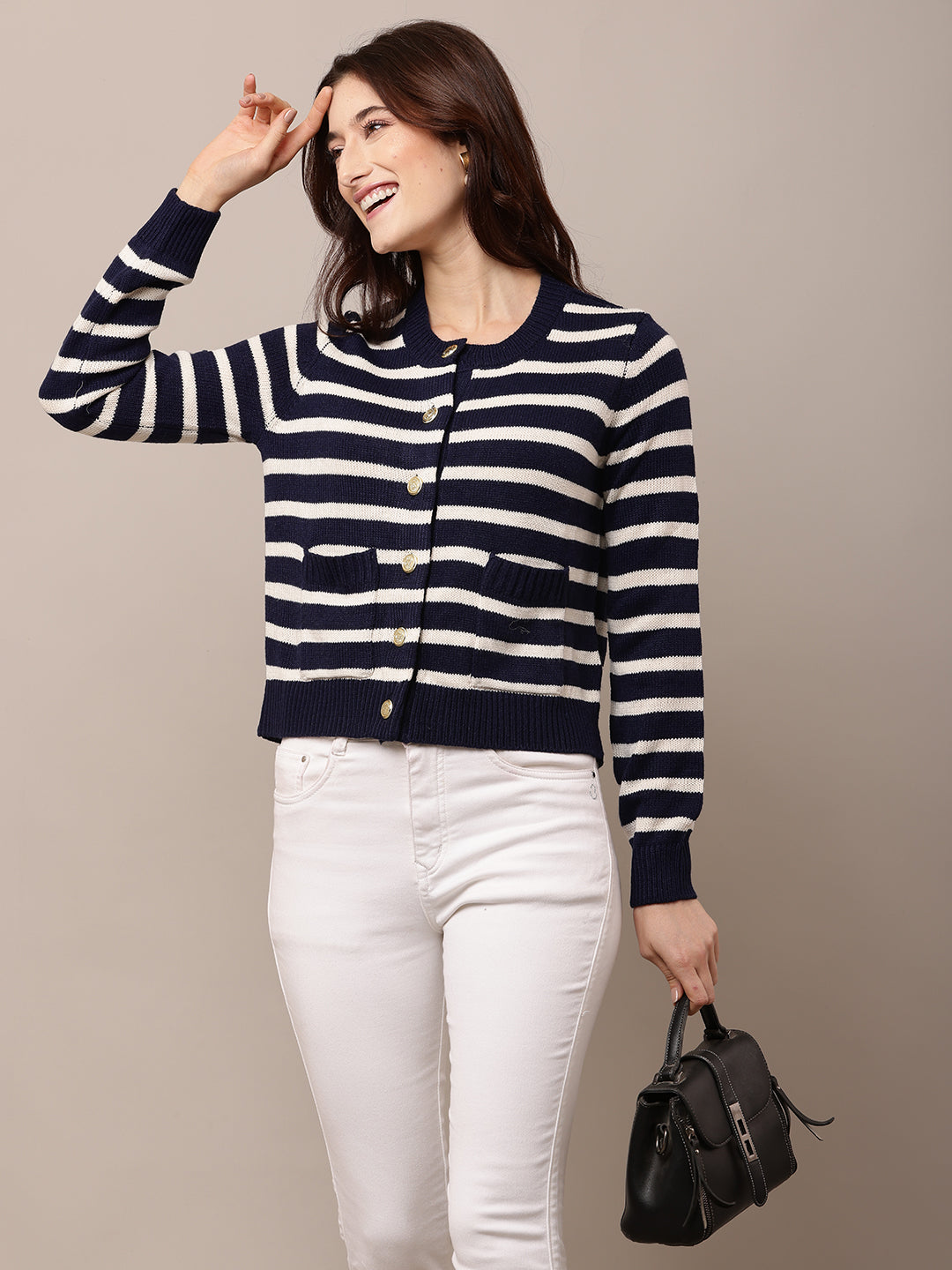 Acrylic Full Sleeve with Round Neck Dark Blue Striped Cardigan