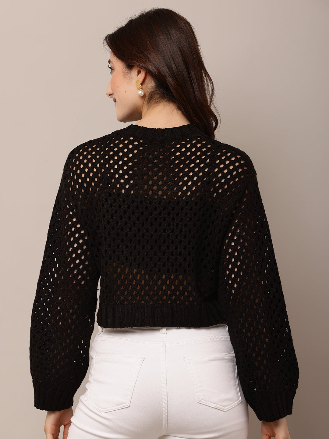 Acrylic Full Sleeve with Round Neck Crochet Black Sweater