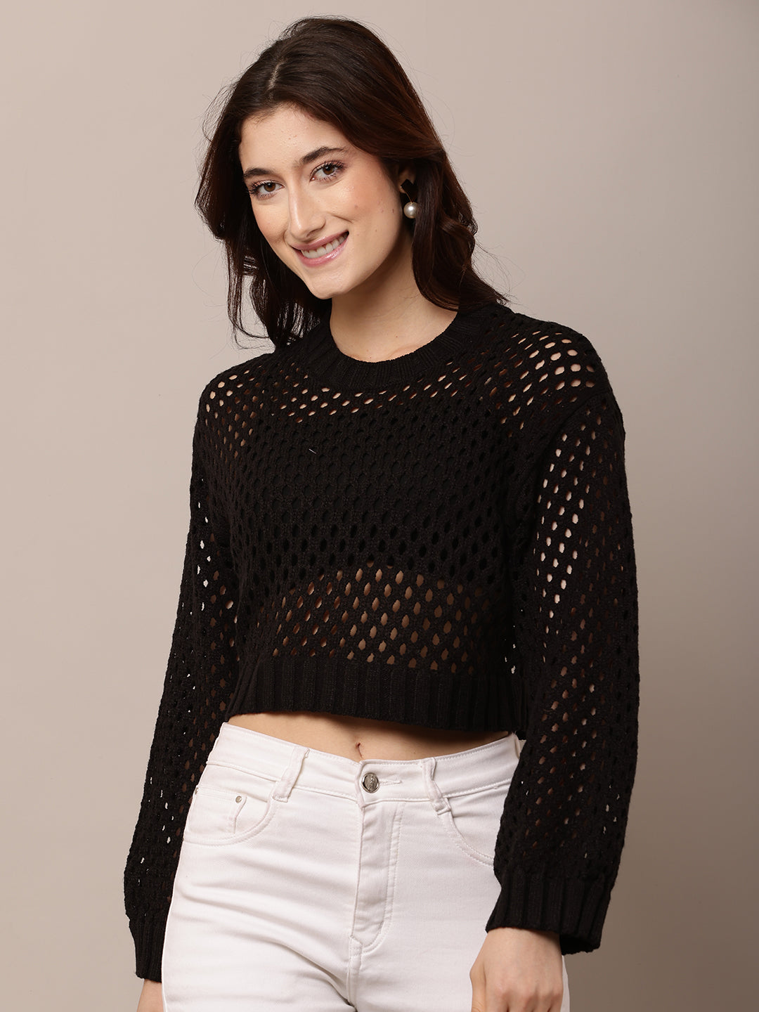 Acrylic Full Sleeve with Round Neck Crochet Black Sweater