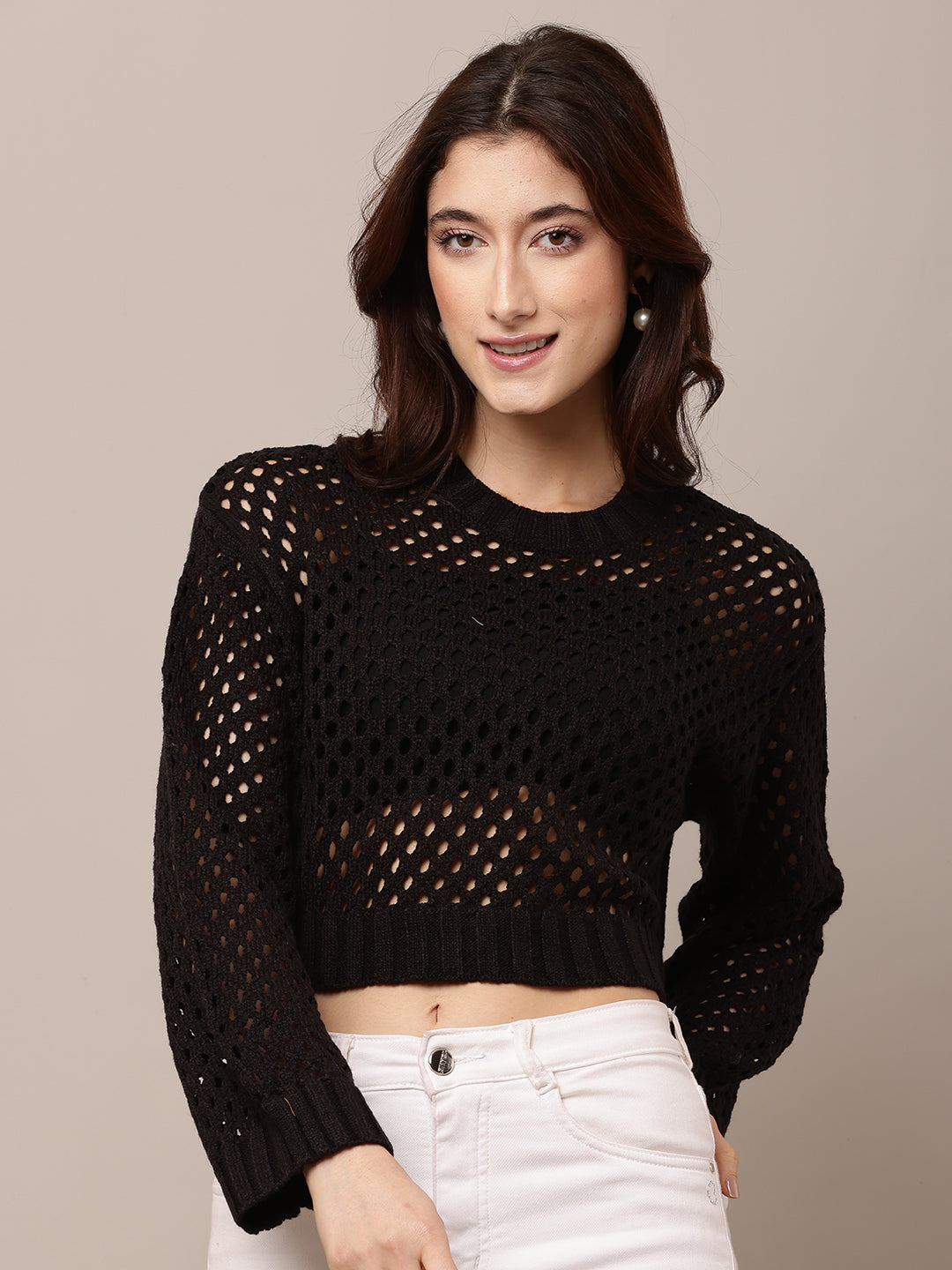 Acrylic Full Sleeve with Round Neck Crochet Black Sweater