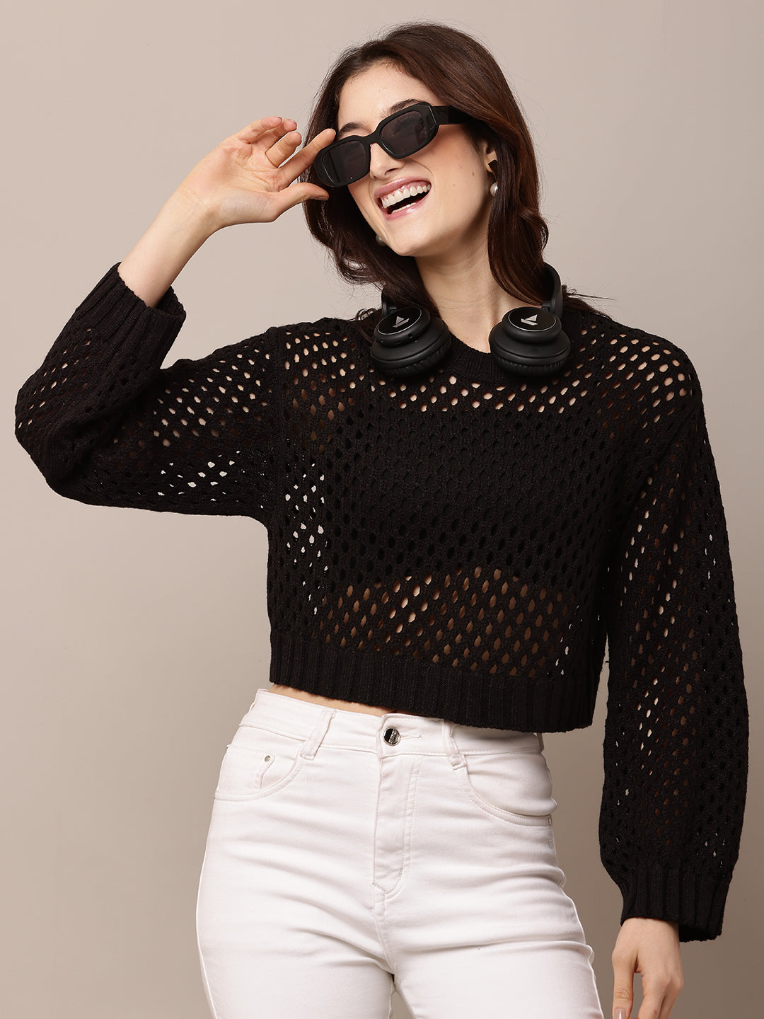 Acrylic Full Sleeve with Round Neck Crochet Black Sweater