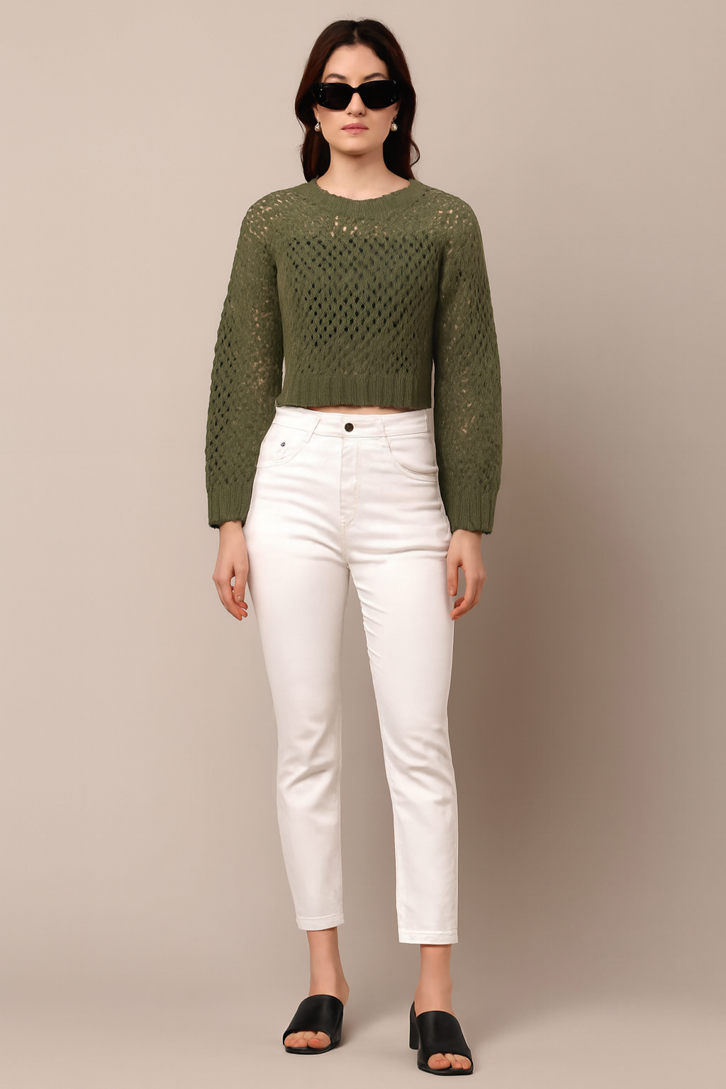Acrylic Full Sleeve Dark Green Open Knit Cropped Sweater
