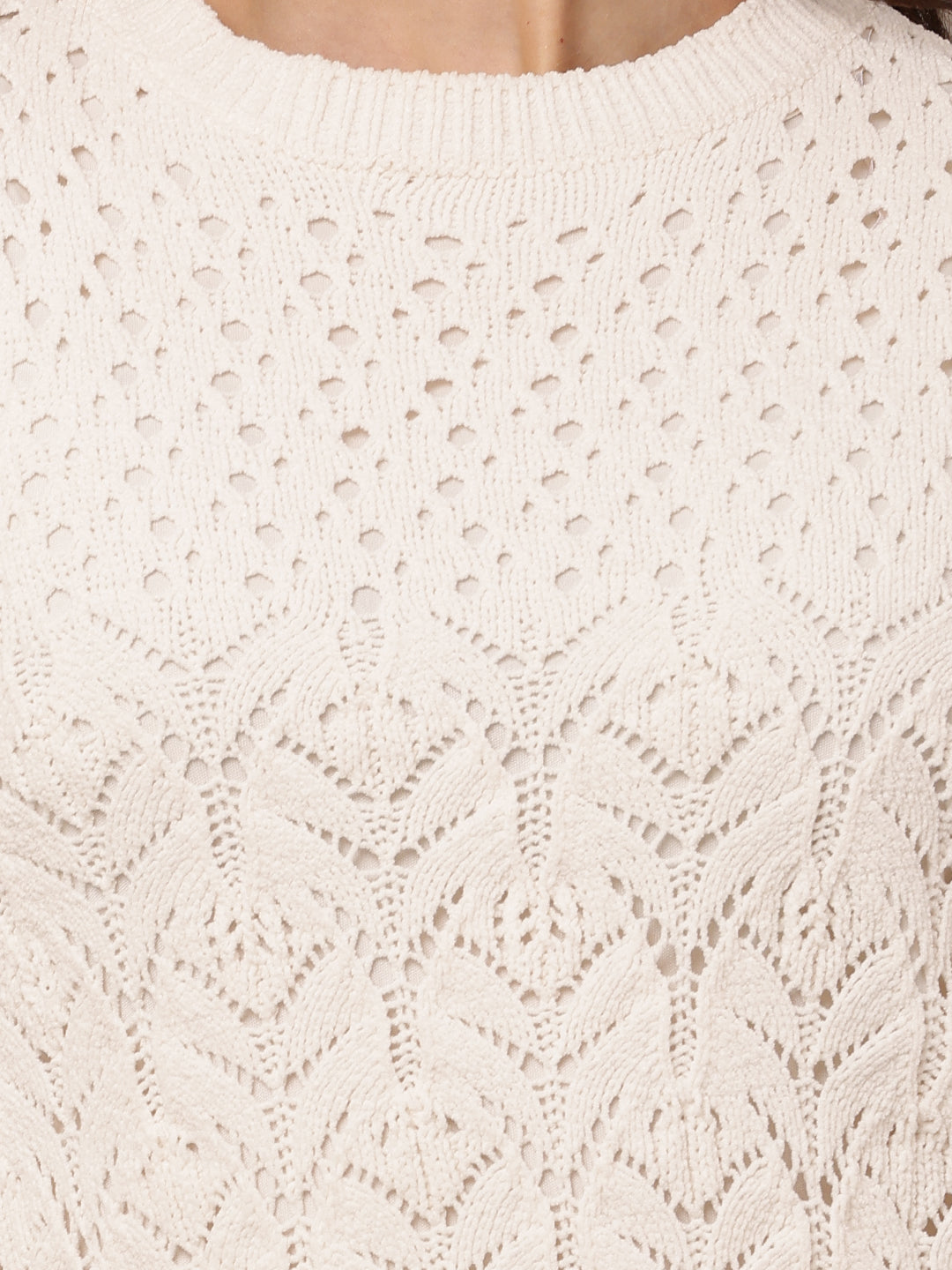 Polyester Full sleeve with Crew neck Crochet off- White Shift Dress