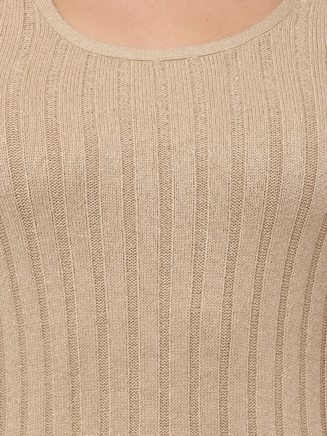Acrylic Round Neck with Sleeveless ribbed Beige Bodycon Dress