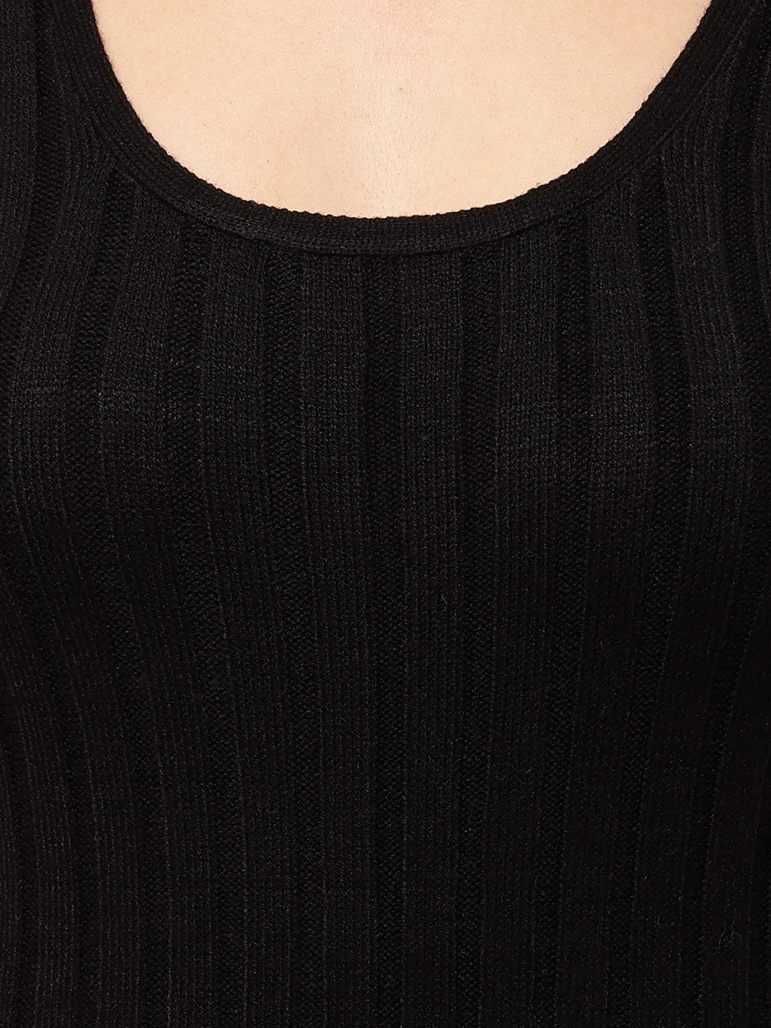 Acrylic Round Neck with Sleeveless ribbed Black Bodycon Dress