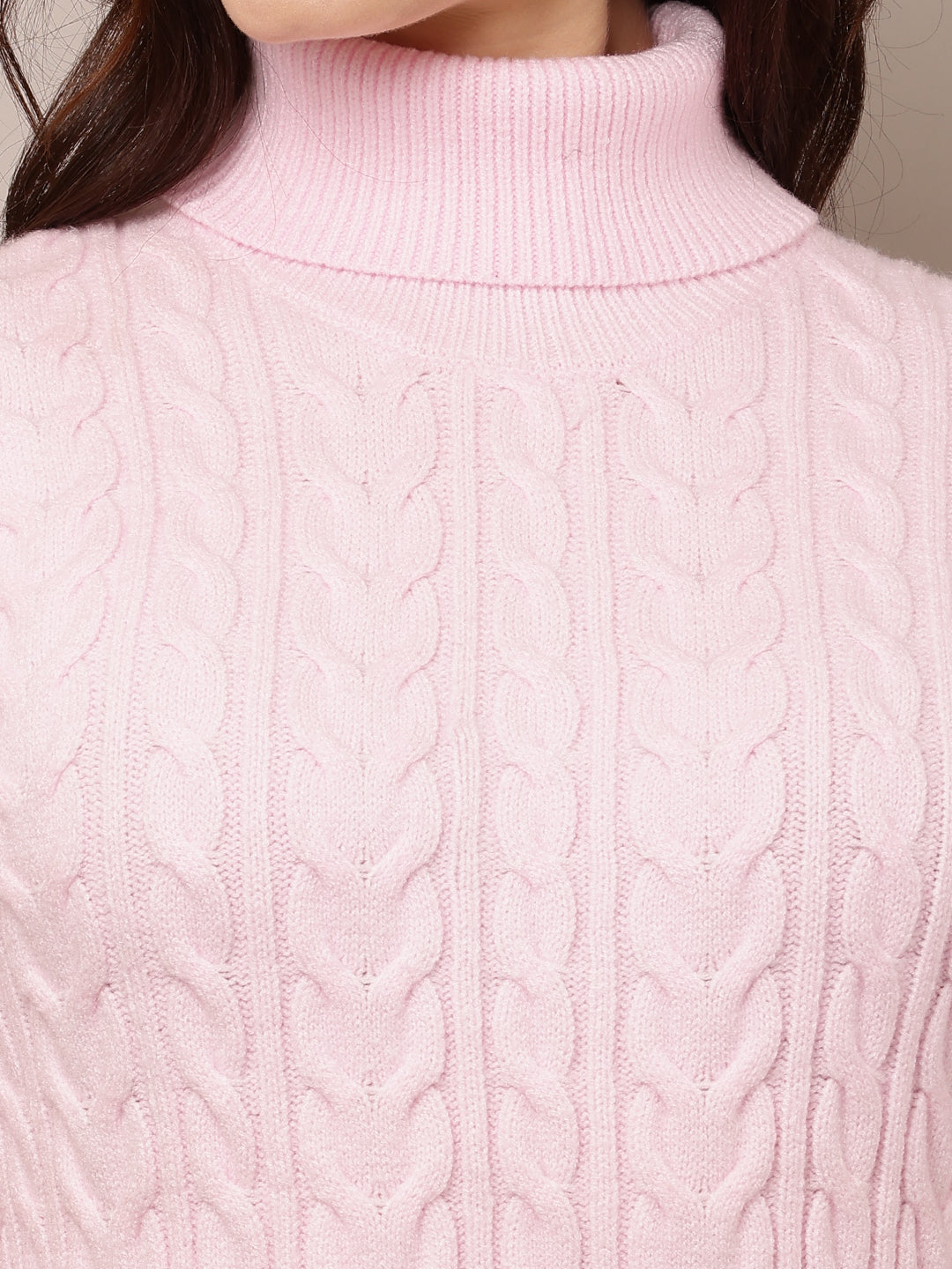 Polyester Full Sleeve with High Neck Pink Cable Knit Shift Dress